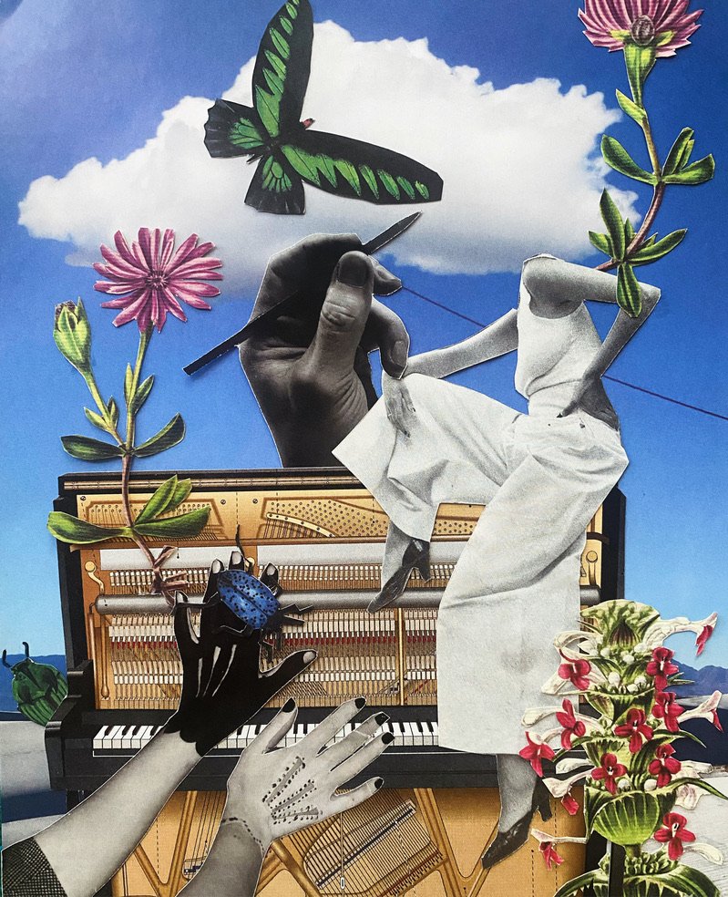 Collage artistique combinant des éléments musicaux, naturels, féminins. Collages contemporains surréalistes par Julia Chameroy 