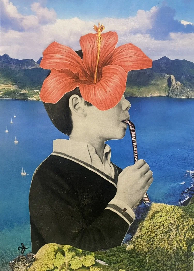 Une composition artistique représentant un enfant en noir et blanc soufflant une paille, avec une grande fleur rouge en guise de tête et un paysage de mer et montagnes en arrière-plan. Collages contemporains surréalistes par Julia Chameroy