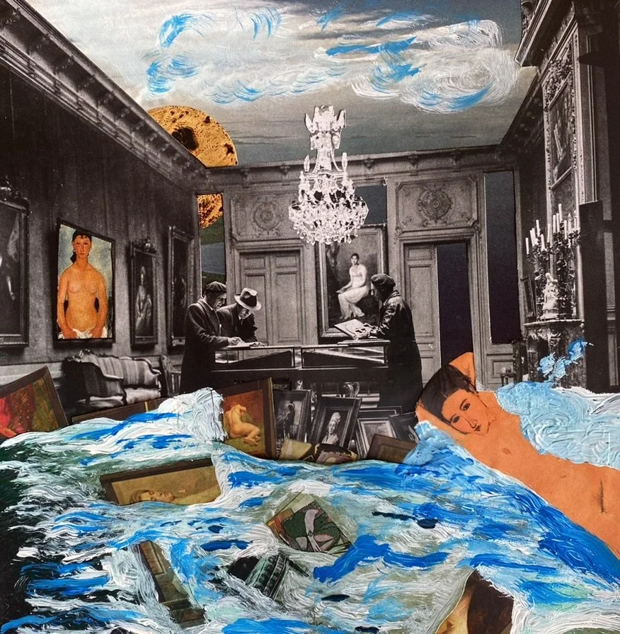 Maudit – Collage surréaliste rendant hommage à l’art sous toutes ses formes. Inspiré des portraits de Modigliani, ce tableau dramatique mêle peinture et collage. Collages contemporains surréalistes par Julia Chameroy 