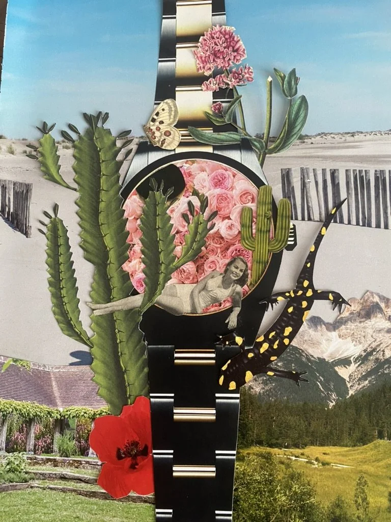 Une composition artistique avec un bracelet, un fond de fleurs roses, des plantes succulentes, une femme en noir et blanc, un lézard, des montagnes et une plage. Collages contemporains surréalistes par Julia Chameroy