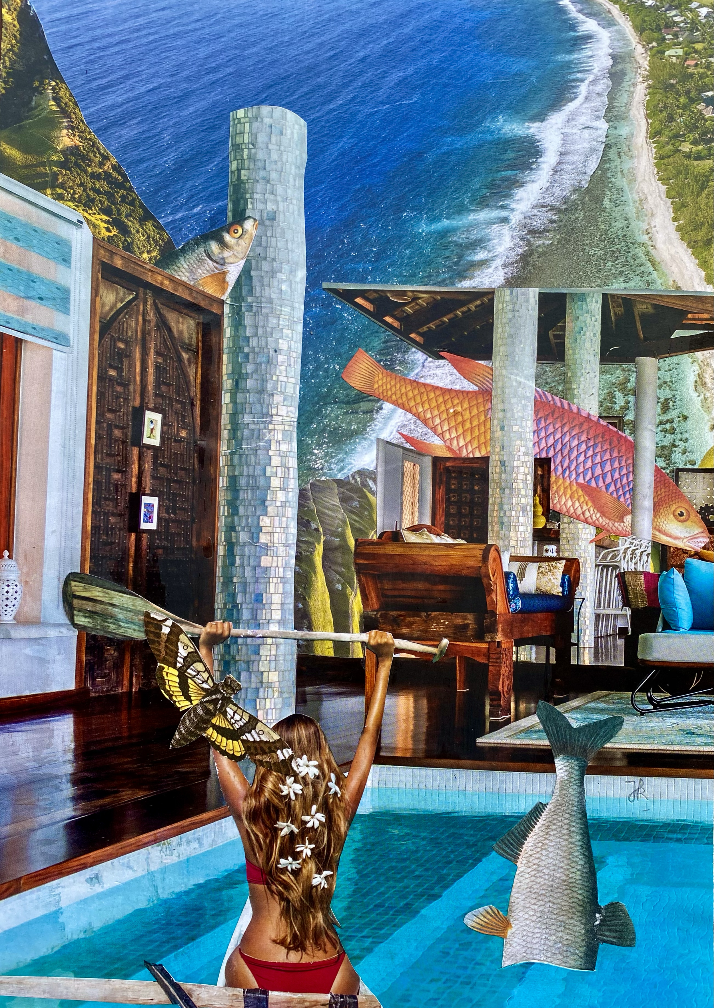 Une scène fantastique avec une femme en maillot rouge, décorée de fleurs blanches, dans une piscine. Collages contemporains surréalistes et vintages par Julia Chameroy