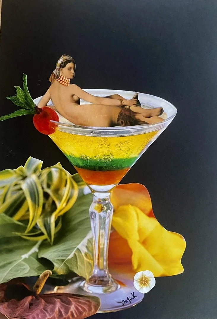 Une margarita avec une femme nue dans le verre, décorée d'une cerise et de feuilles, sur un fond noir avec des fleurs colorées en dessous. Collages contemporains surréalistes par Julia Chameroy 