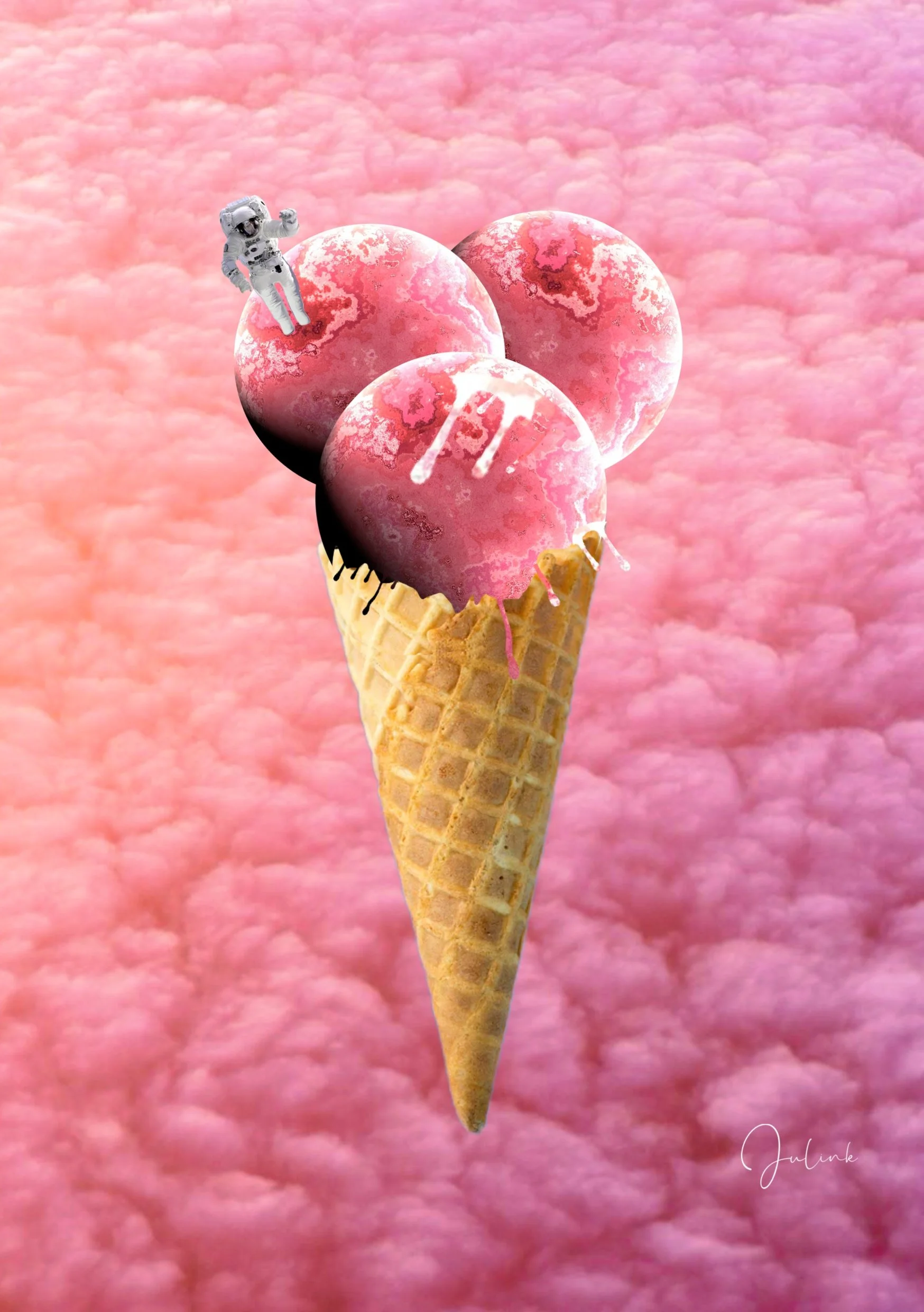 Une image d'une cornet de glace avec des planètes. Collages contemporains surréalistes et vintages par Julia Chameroy
