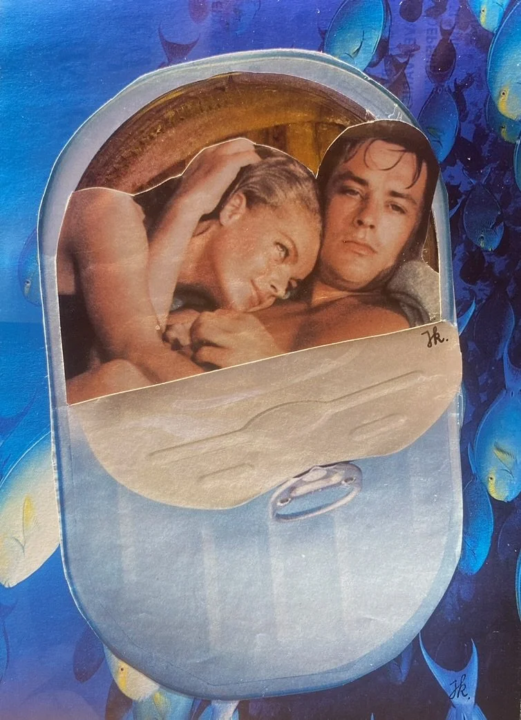 Une boîte de sardines avec une image de deux personnes, une femme et un homme, à l'intérieur. Collages contemporains surréalistes par Julia Chameroy