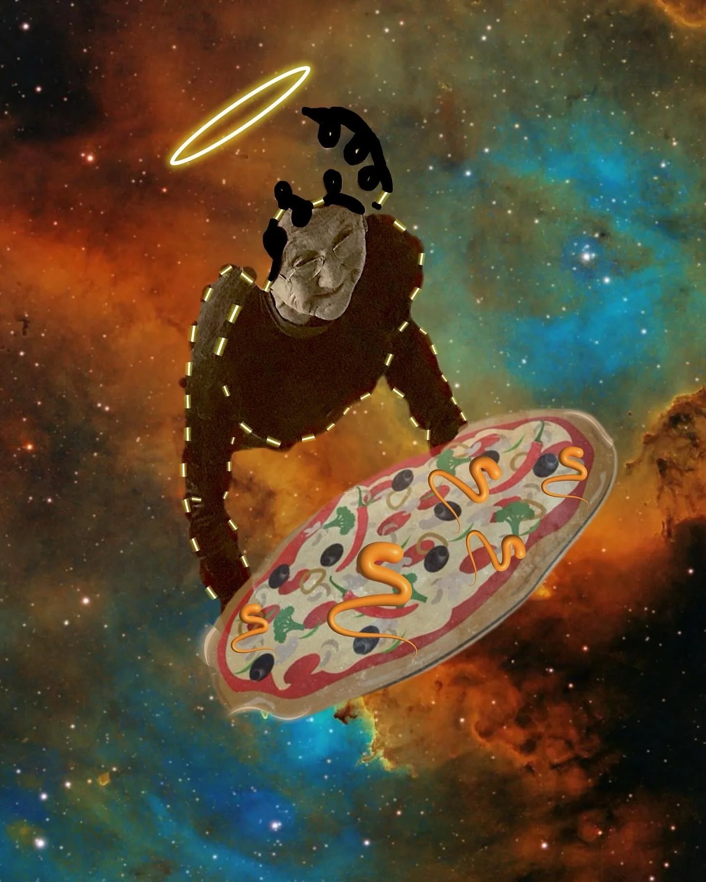 Une image numérique représentant une scène spatiale avec un fond de nébuleuse colorée. Collages contemporains surréalistes par Julia Chameroy.  Pizza vintage 