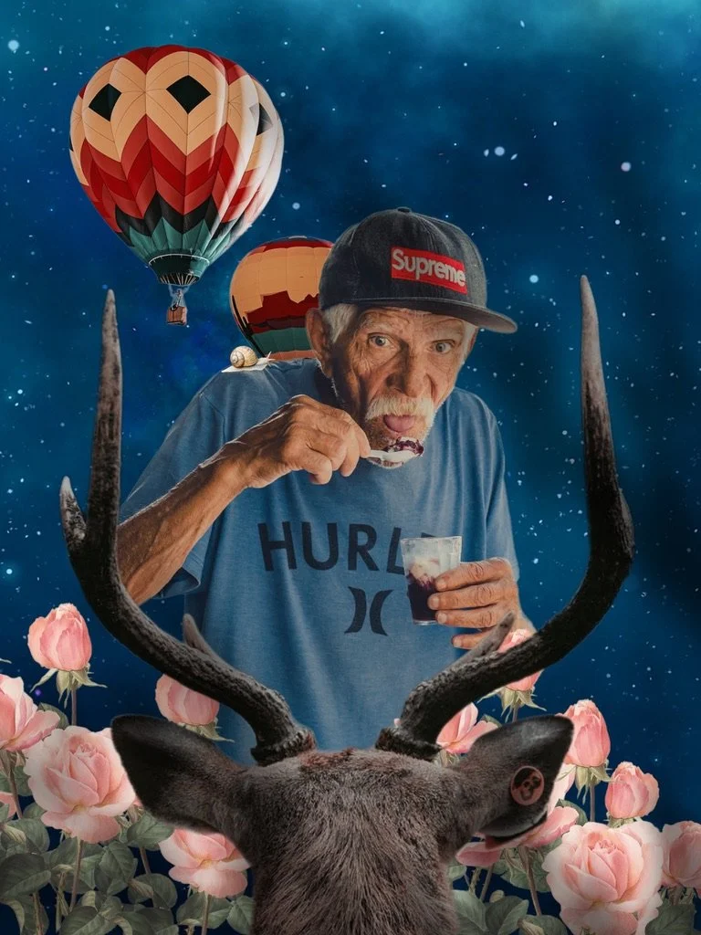 Un homme âgé portant une casquette Supreme, mangeant un dessert dans un décor fantastique avec un cerf, des roses, des montgolfières, un ciel étoilé, et des éléments de style surréaliste.  Collages contemporains surréalistes par Julia Chameroy 

