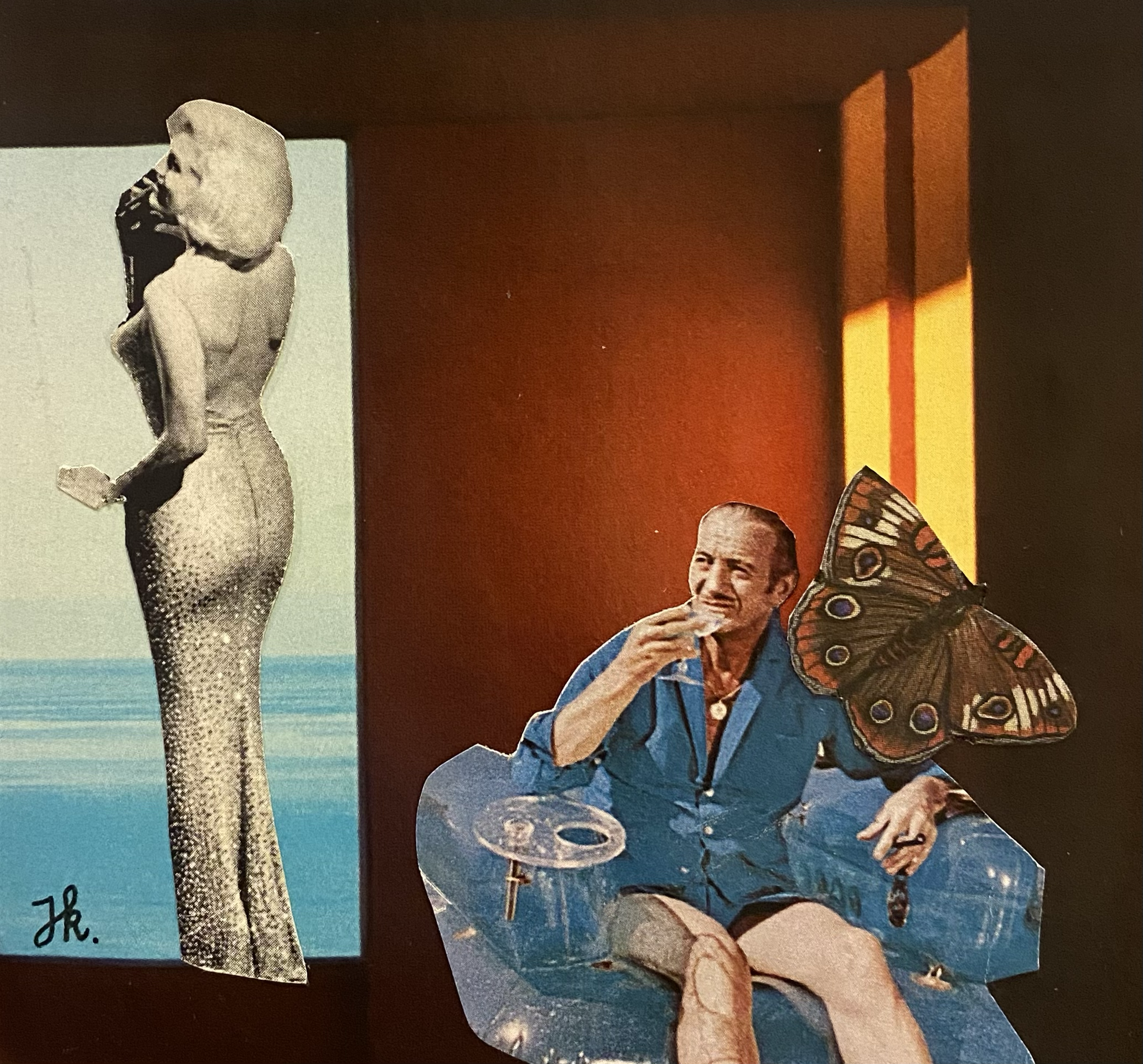 Un collage avec une silhouette de femme en noir et blanc, une personne assise à une table en plastique avec un papillon sur l'épaule, en train de boire. La scène est colorée et artistique.  Collages contemporains surréalistes par Julia Chameroy 