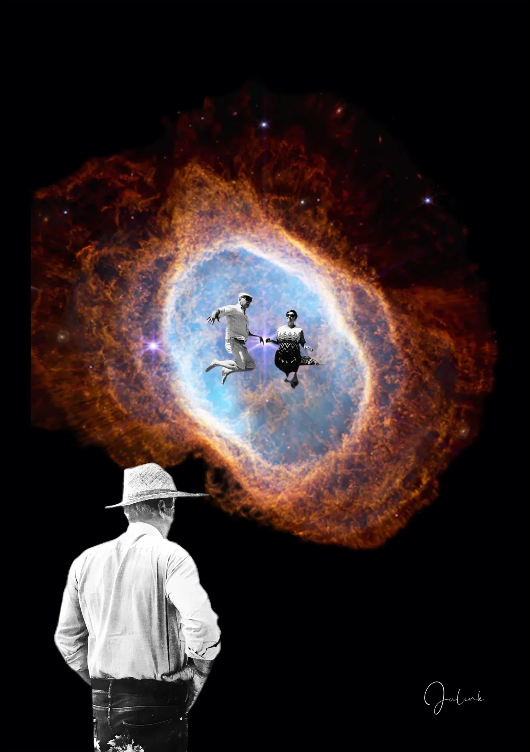 Une image artistique représentant un homme regardant un ciel rempli d'une structure cosmique avec deux personnes qui flottent, suspendues dans un espace étoilé. Collages contemporains surréalistes par Julia Chameroy