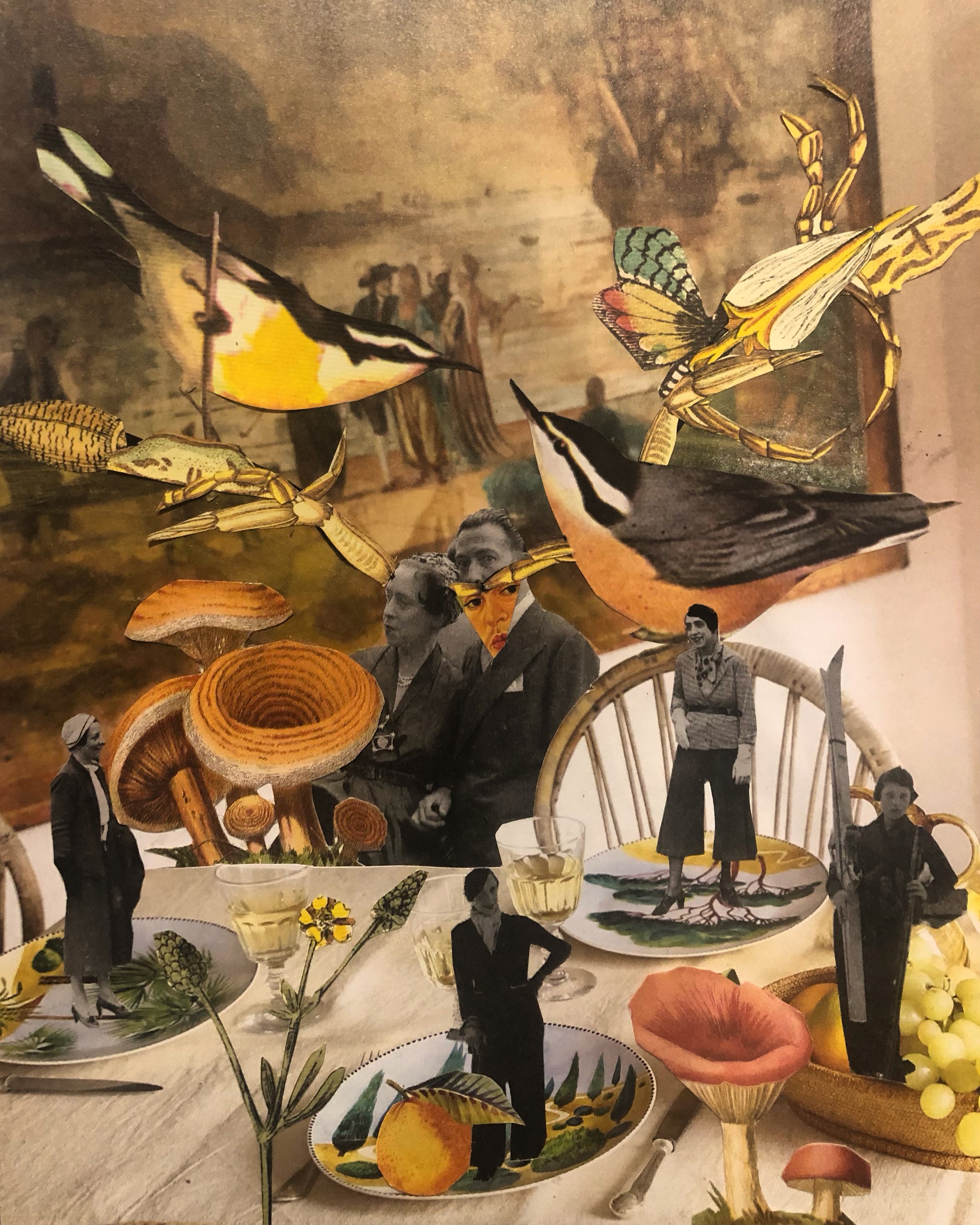 Collage artistique représentant des animaux, des personnes en photo noir et blanc, des éléments de la nature, des plats et des boissons, créant une scène surréaliste et nostalgique. Collages contemporains surréalistes par Julia Chameroy 