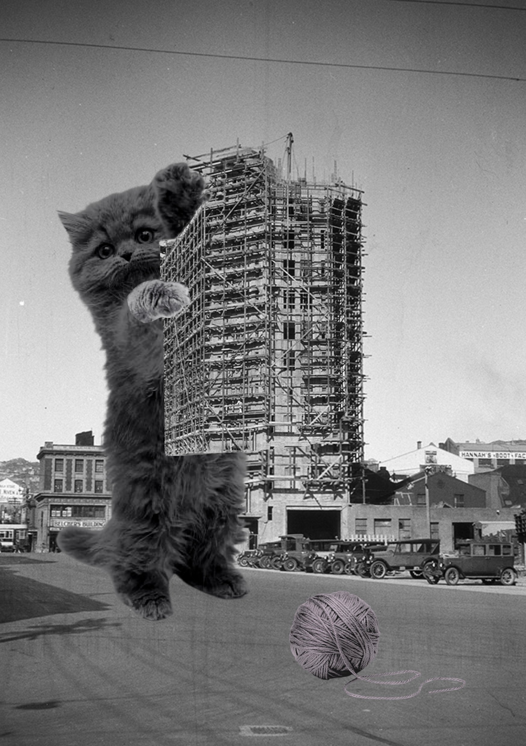 Un chat géant avec une patte tendue, en train de jouer avec une boule de laine sur une image en noir et blanc représentant une ville avec un bâtiment en construction. Collages contemporains surréalistes par Julia Chameroy