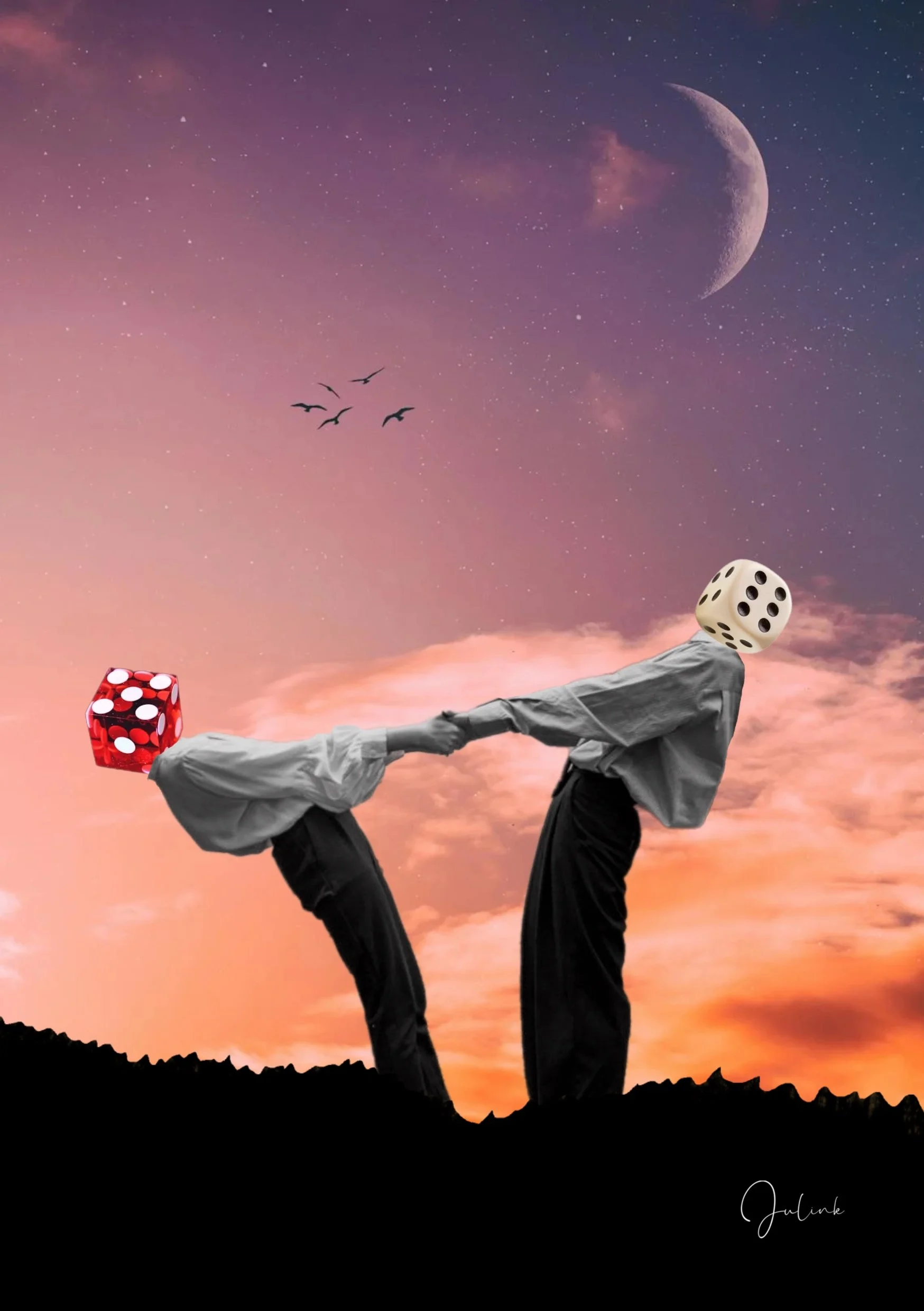 Deux personnes avec des têtes de dés se tiennent par la main devant un ciel crépusculaire avec la lune et des oiseaux, l'image a un style surréaliste. Collages contemporains surréalistes par Julia Chameroy Vintages 