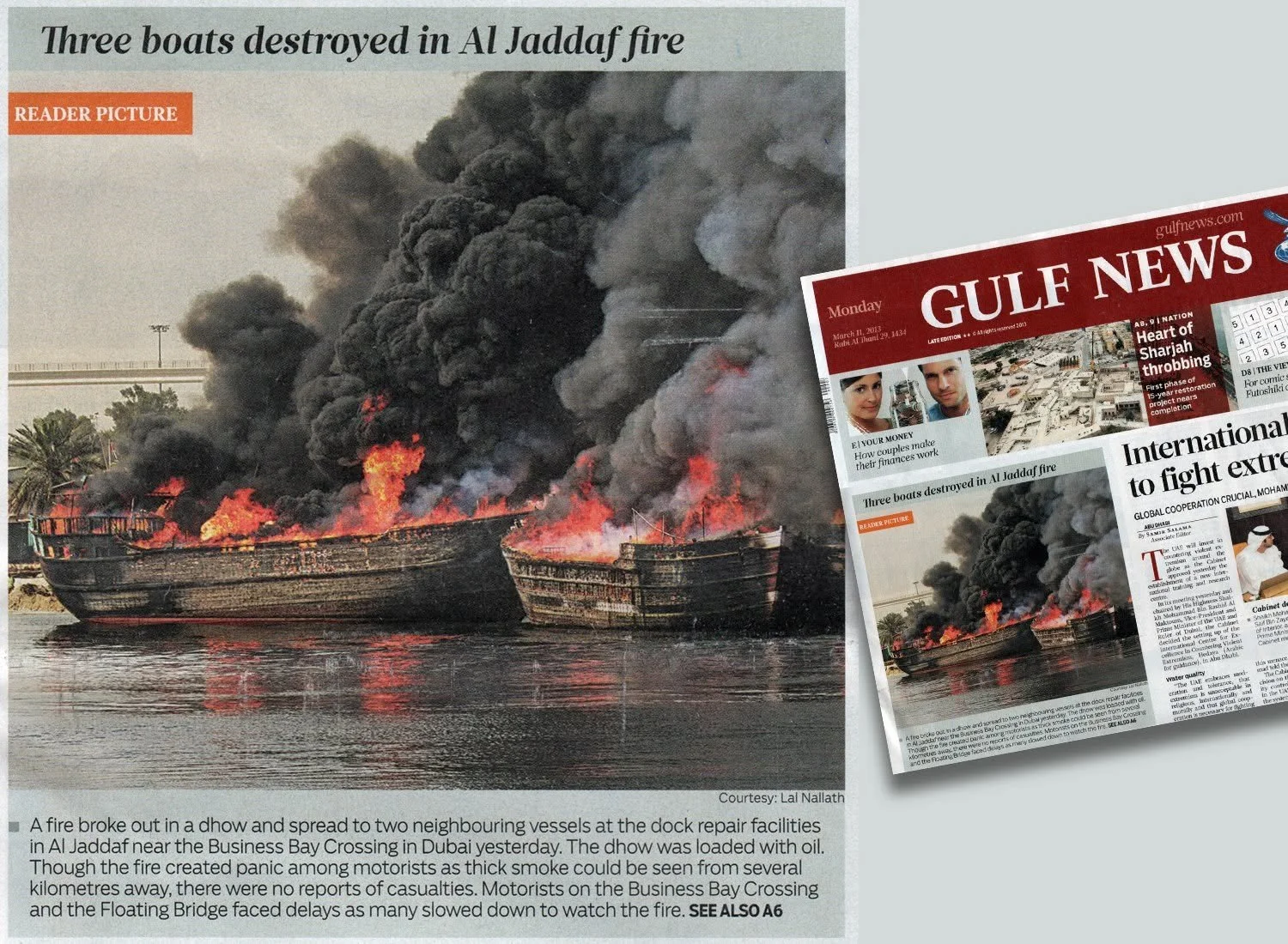 The Boat burning image appeared as the main news in Gulf News News paper