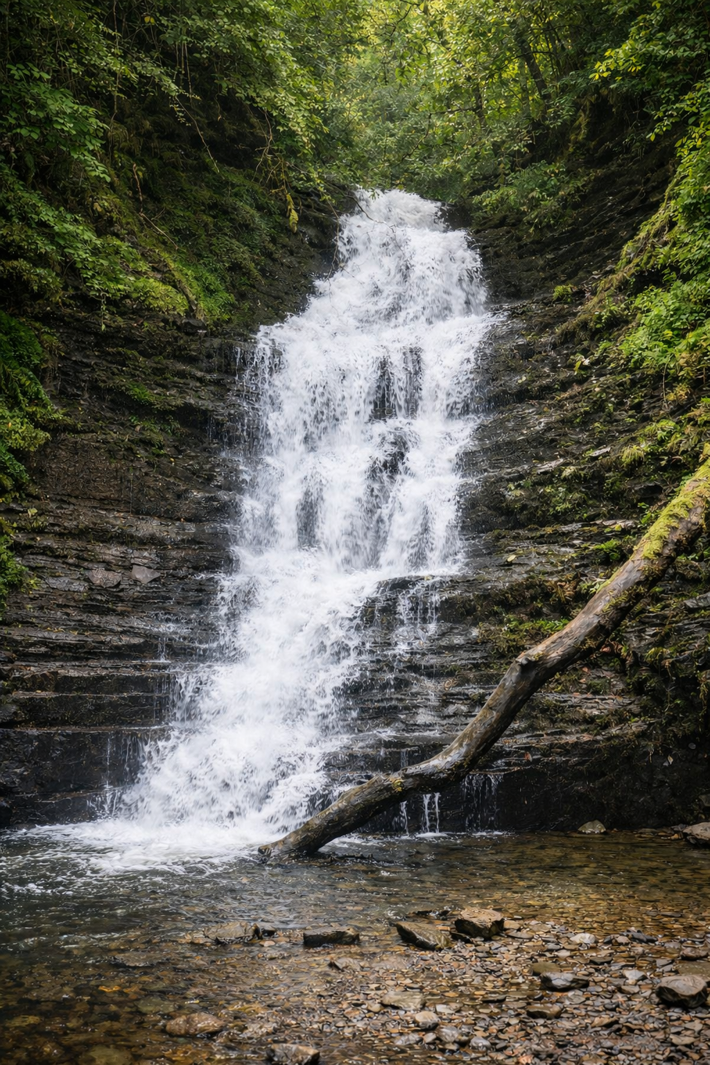 Water-break-its-neck waterfall in Radnor Forest, a popular Mid Wales walk near Llandrindod Wells, close to the romantic cabin Coety Bach. A natural woodland gorge with the waterfall flowing over rock ledges into a shallow pool.