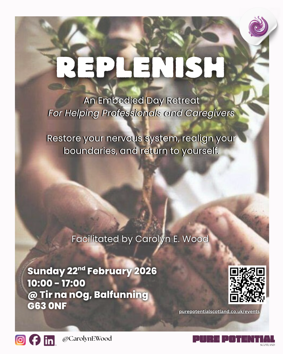 A woman holding a small plant with soil, promoting an embodied wellness retreat called Replenish, for helping professionals and caregivers, scheduled for February 22, 2026, at Tir na Nog, Balfunning.