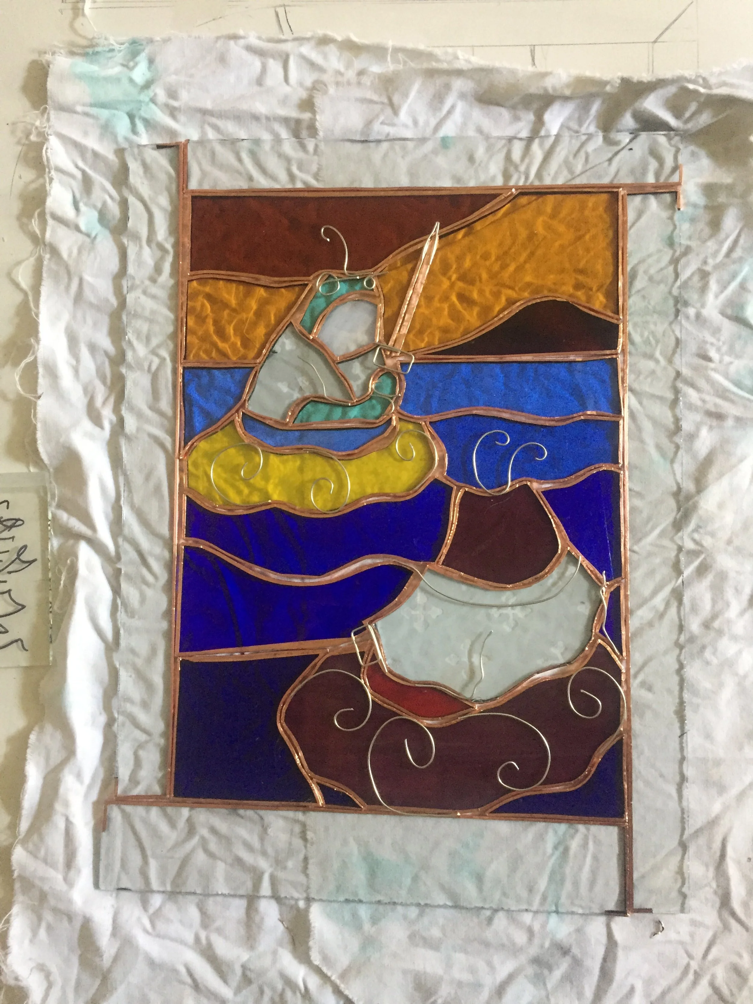 Zephos and Cyclos copper foiled for stained glass in an Ukiyo-e design style