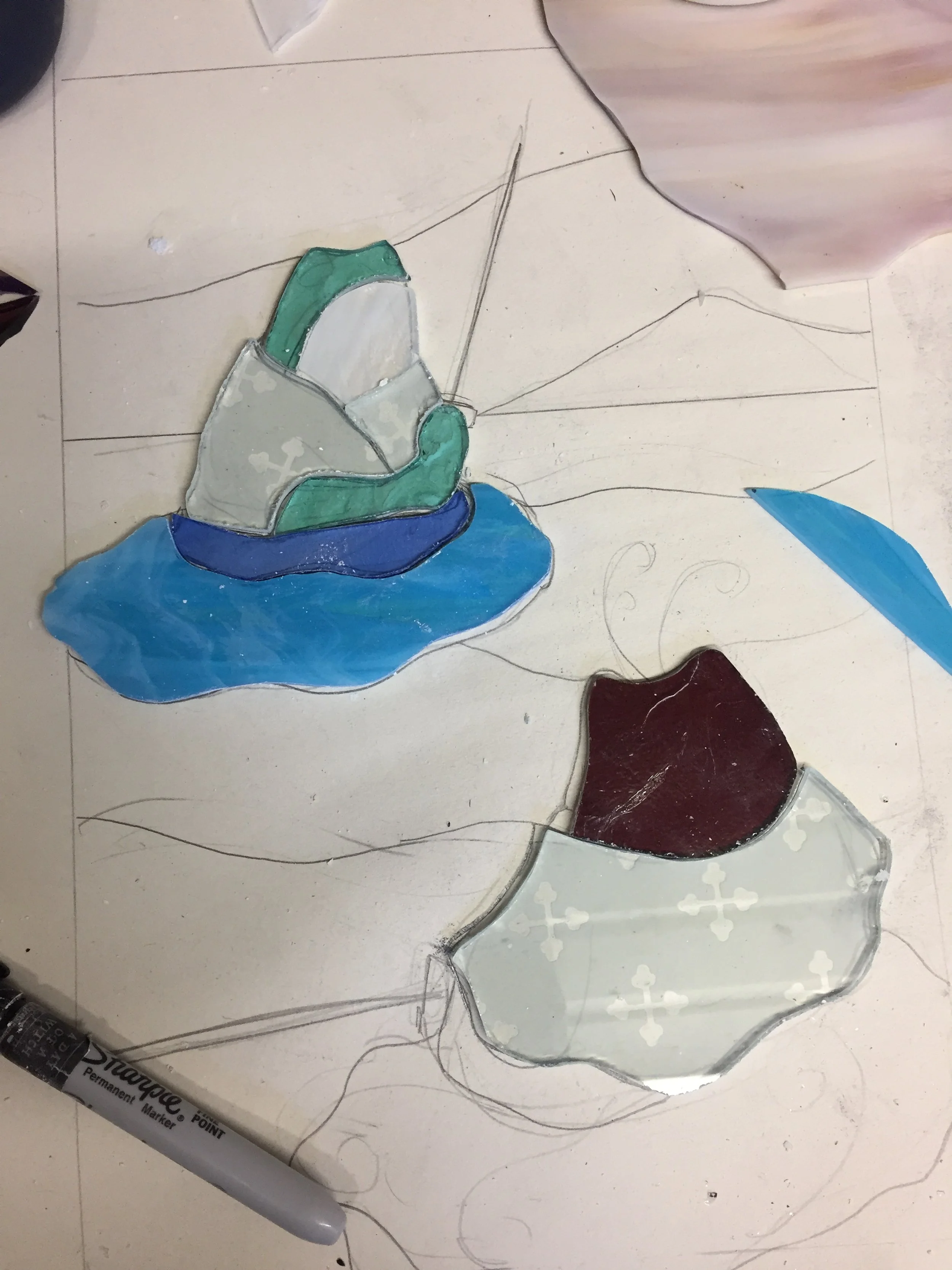 Zephos and Cyclos cut glass in an Ukiyo-e design style