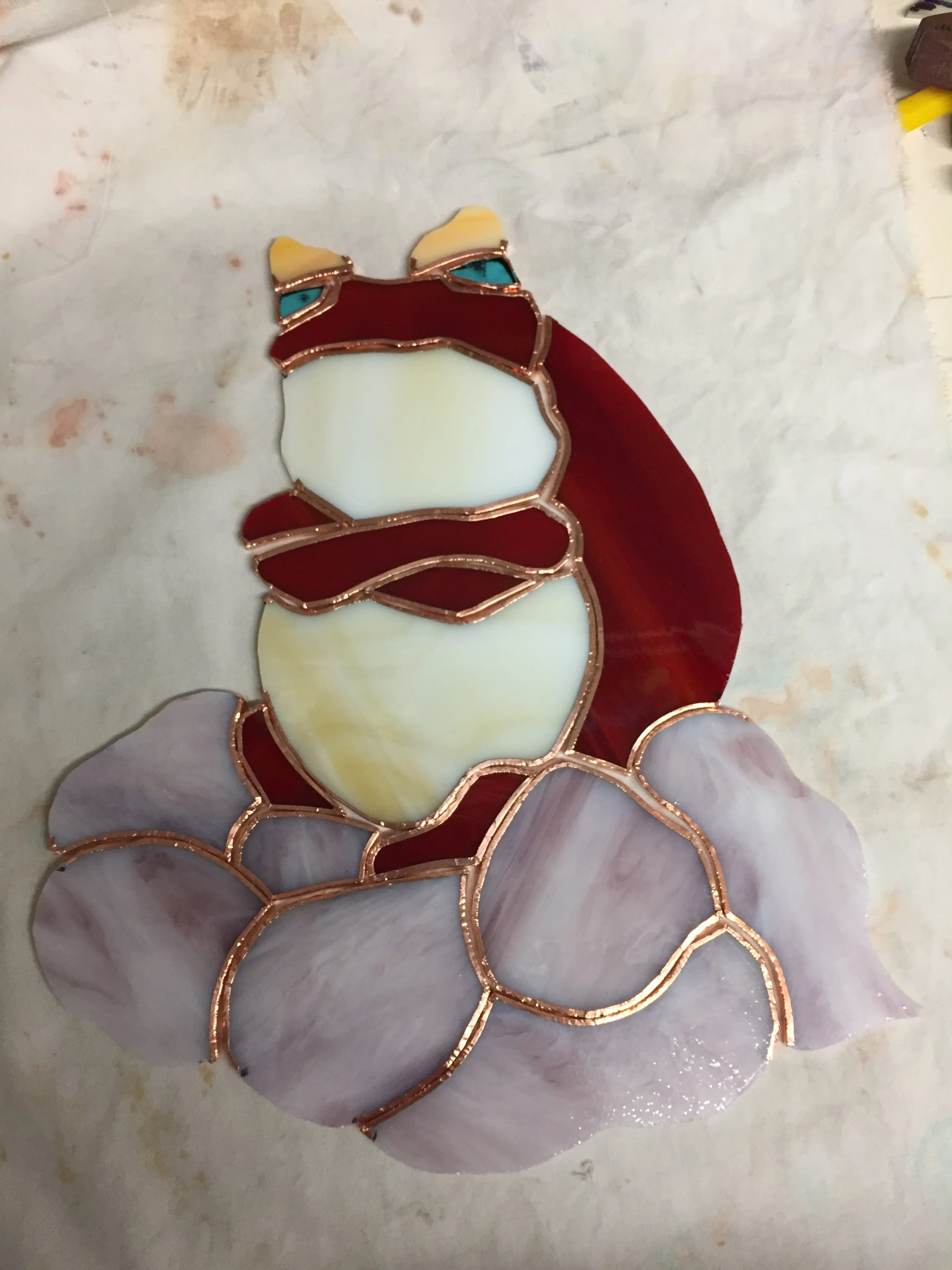 copper foiled glass of Zephos for a stained glass piece inspired by the Legend of Zelda the Wind Waker 