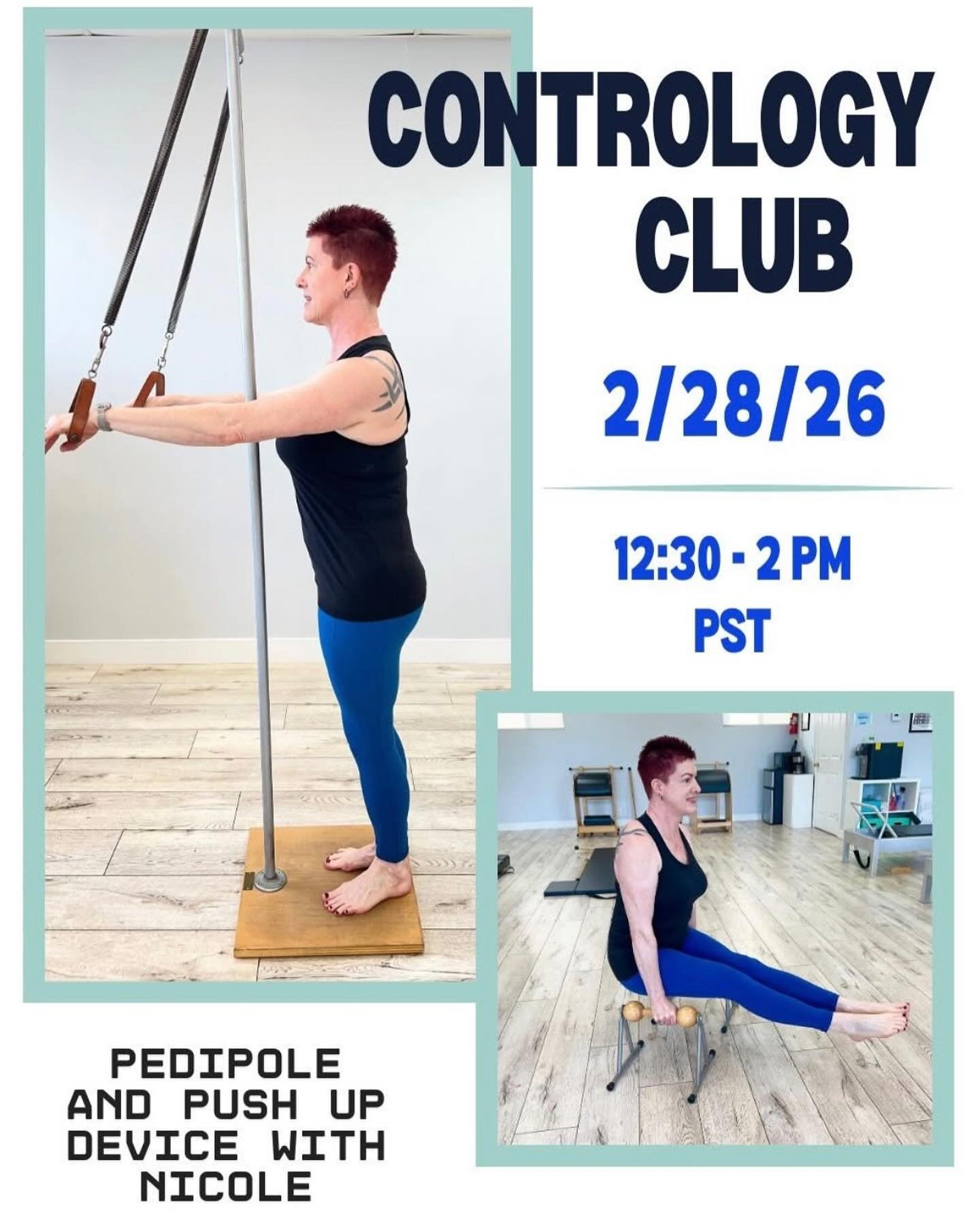 This month&rsquo;s Contrology Club is coming up!  Nicole will be guiding you through all things Pedipole and Push Up Device!  Learn new concepts, exercises AND teaching tips.  Open to all Pilates teachers and approved apprentices.

Both in person and