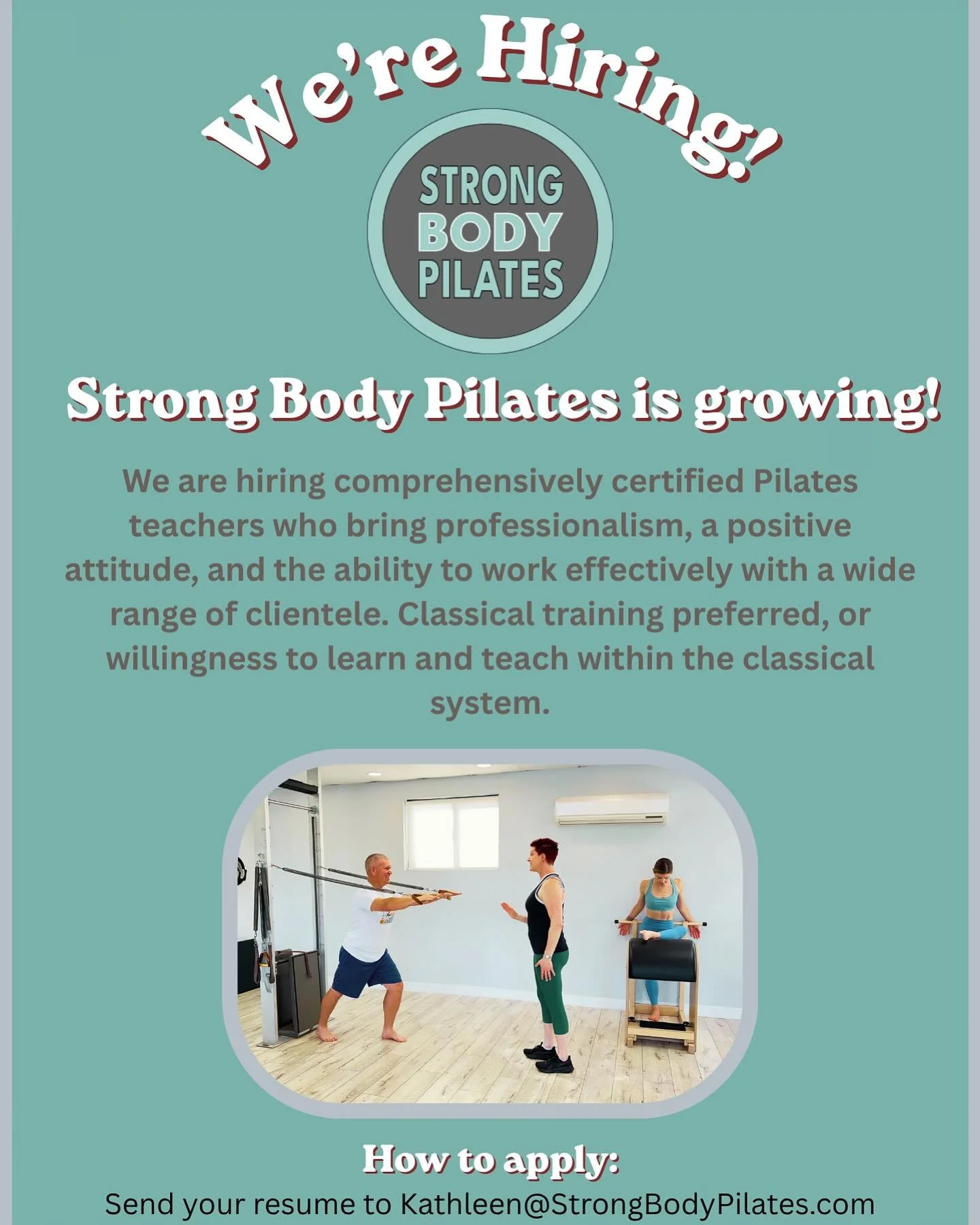 Pilates teachers, we are hiring! 💪💪 

Strong Body Pilates is growing! We are hiring comprehensively certified Pilates teachers who bring professionalism, a positive attitude, and the ability to work effectively with a wide range of clientele. 

Cla