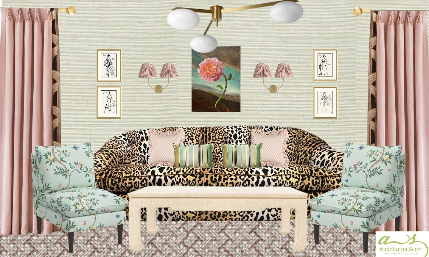 Bold, whimsical, and full of personality&mdash;this sitting room is a celebration of pattern play, timeless furniture, and vintage lighting.
.
.
.
.
#Blushgrasscloth #CustomDrapery #VintageLighting #InteriorDesigner #BoldInteriors #MaximalistDecor #P