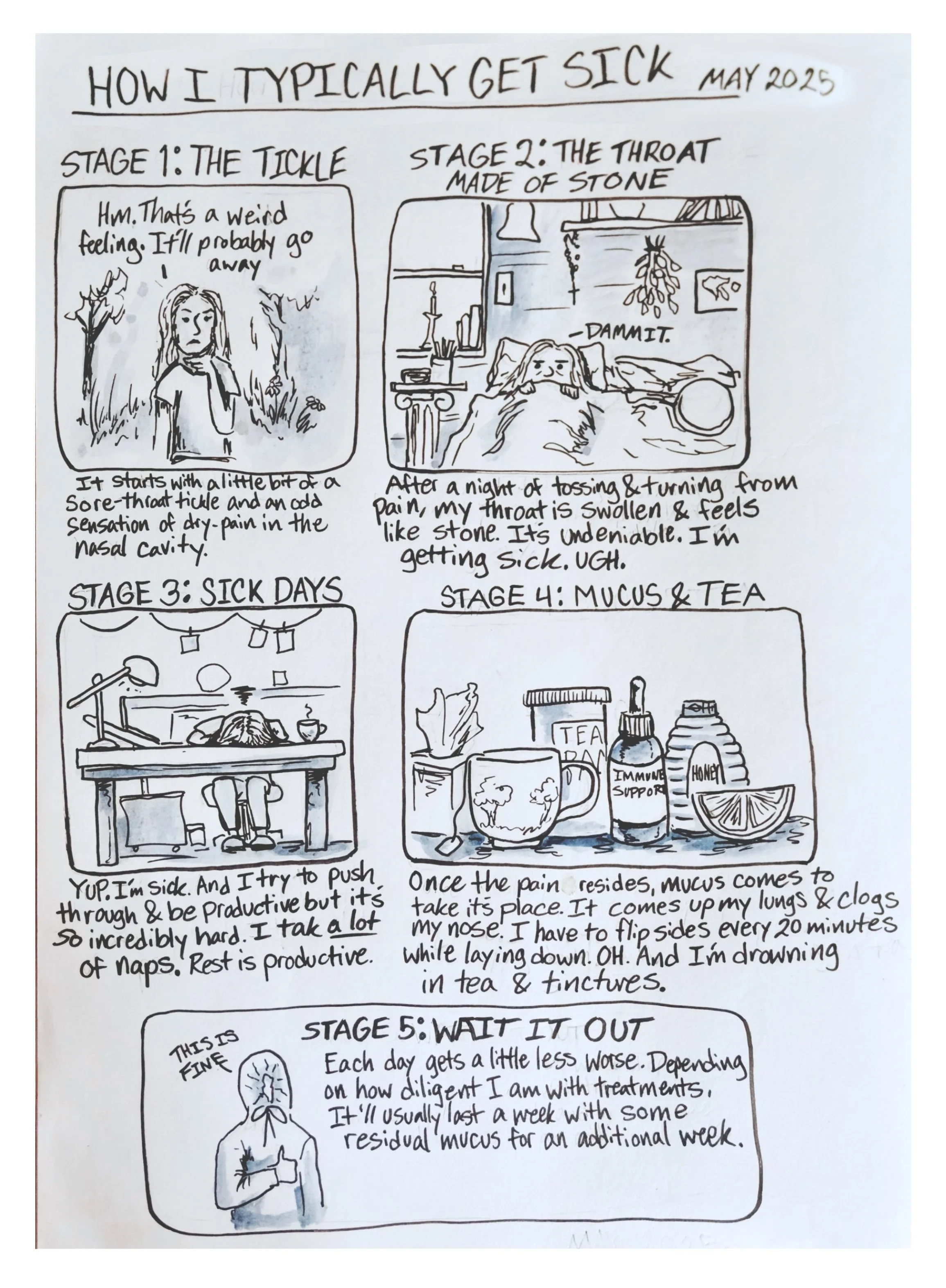 A silly comic illustration of what it was like when I caught an illness in May of 2025