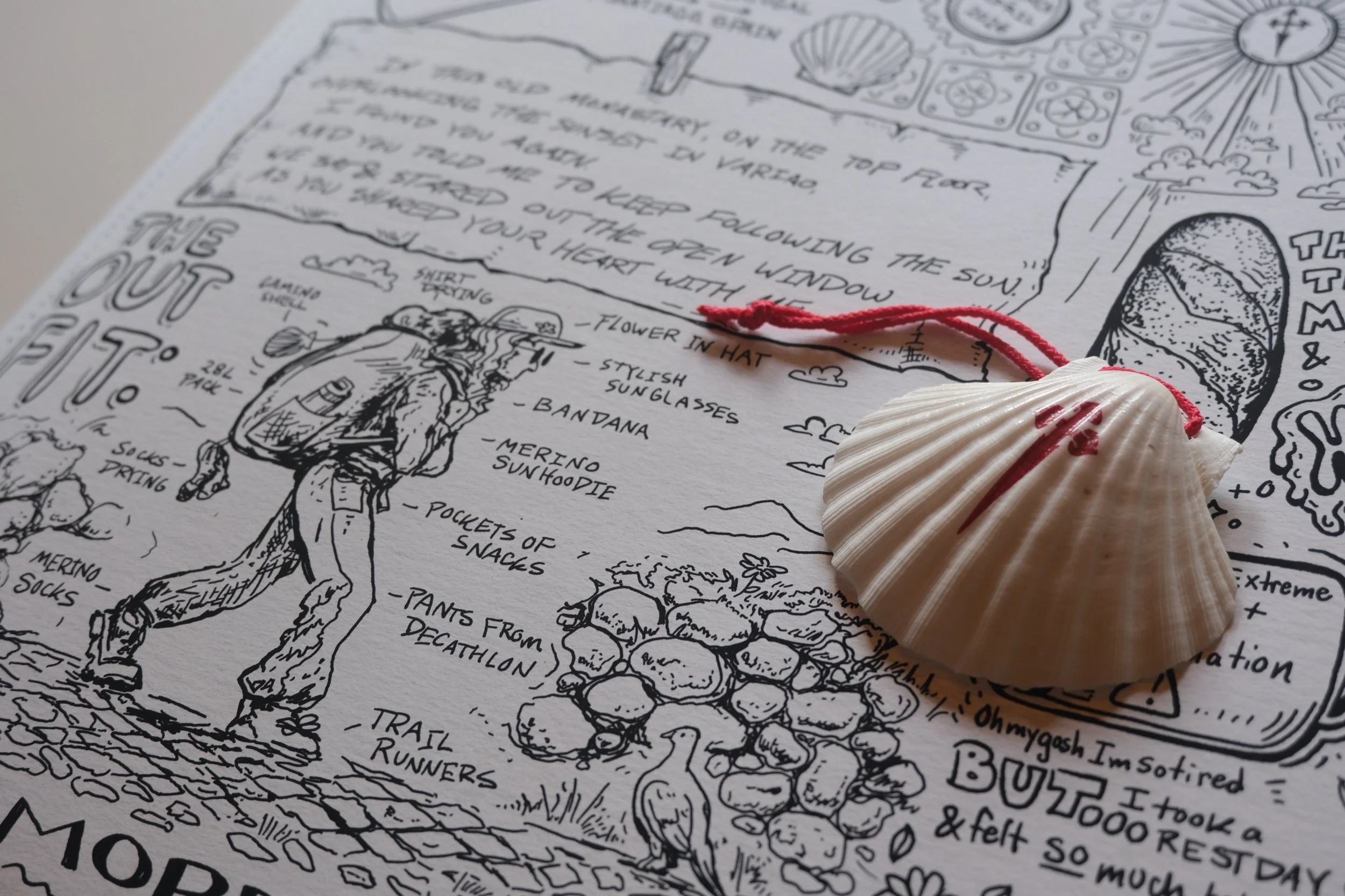 Closeup of an illiustration of a hiker with a Camino Shell sitting on the page
