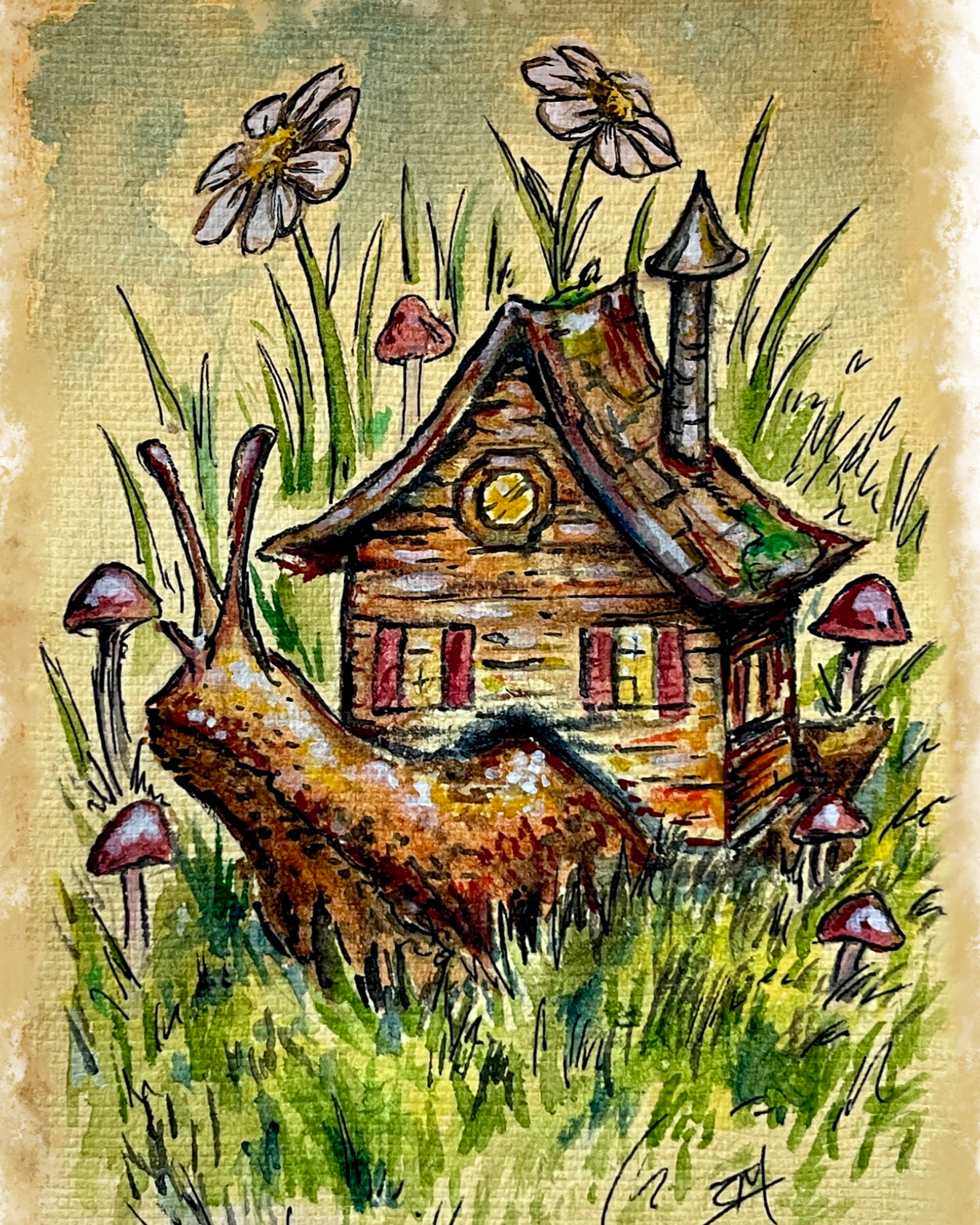 Watercolor painting of a snail with a house on its back