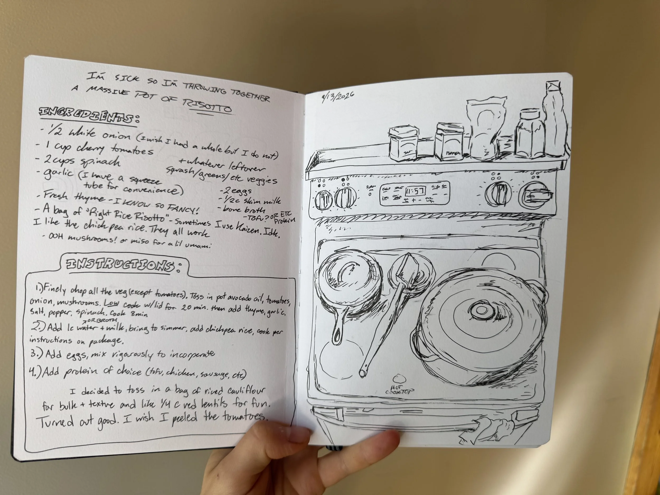 My quick, pen-only sketch of my stove and my cast iron pot. I scribbled down the recipe with some silly yet relatable notes.