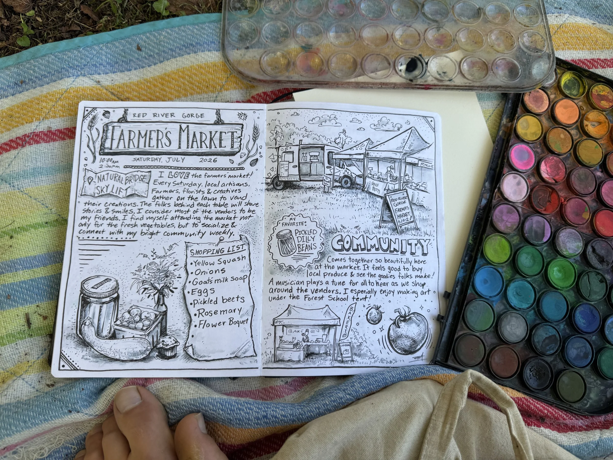 My sketchbook diary entry of the local farmers market