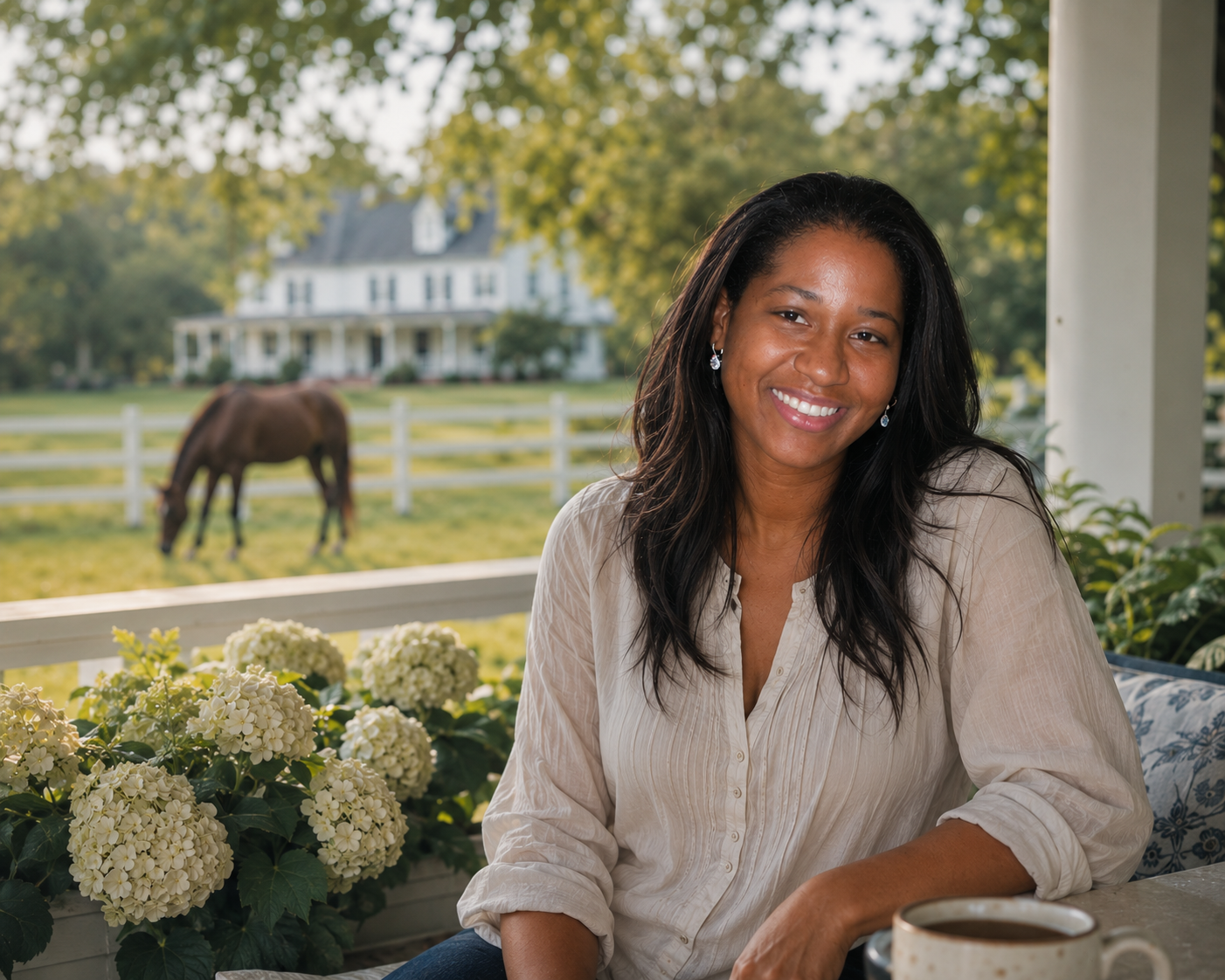 A woman smiling while sitting on a porch with a farm scene in the background, including a white house, horse, and trees.