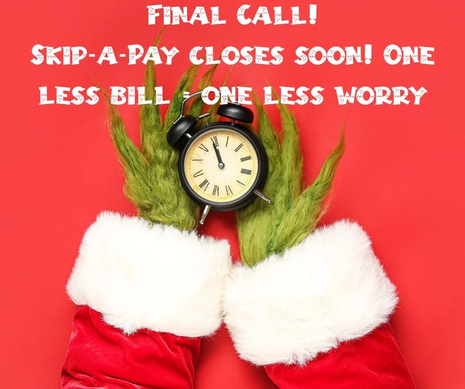 Best unwrapped gift = one less bill 🎁 Ask if you qualify to skip this month&rsquo;s payment. Who&rsquo;s skipping stress this year?
*Fee's Apply*
🙌 #CityCU #SkipAPay
