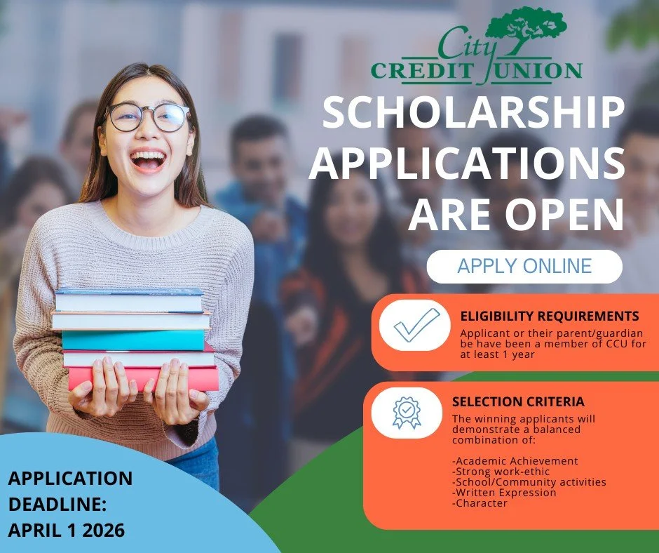 🎓 Friendly reminder! Apply now for a chance to receive one of our $1,000 scholarships. #scholarshipopportunity 
Apply on our website www.city-cu.com