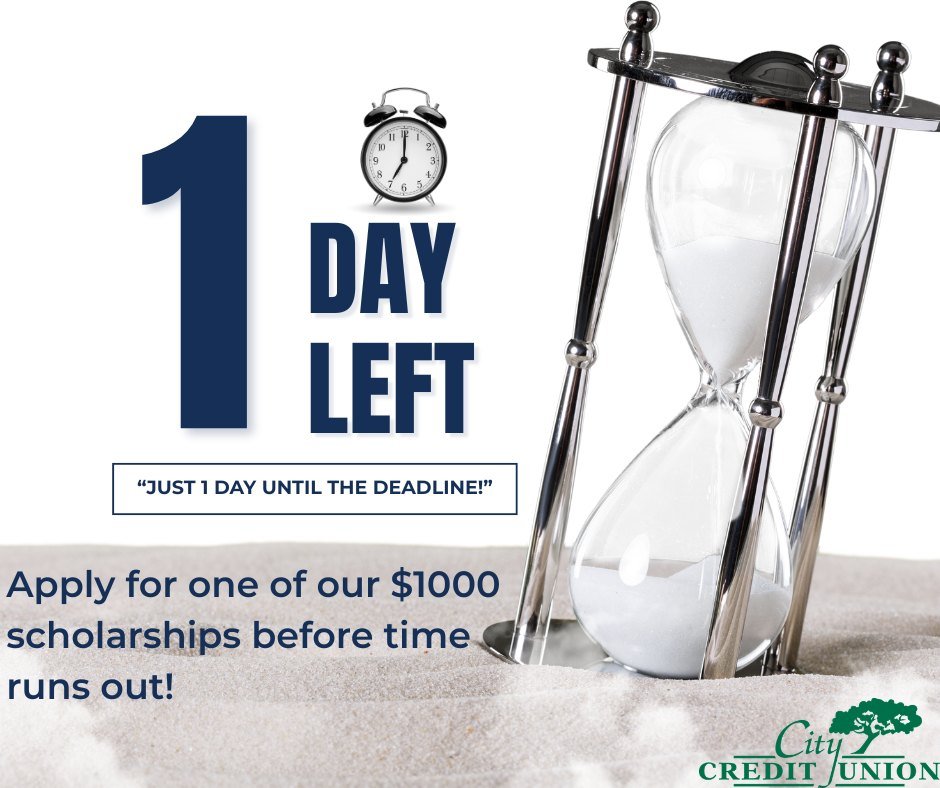 🎓 Final reminder! Apply now for your chance at a $1,000 scholarship before time runs out! #lastchancescholarship 
Applyonline at www.city-cu.com