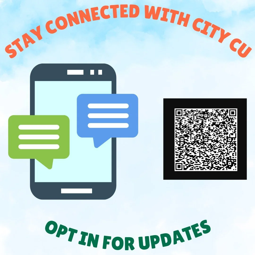 📱 Stay in the loop! Opt in for City CU text updates to get alerts, promotions, and important info right to your phone. Sign up today! #StayConnected #CityCU
Scan the QR Code or visit our website
www.city-cu.com/text-us