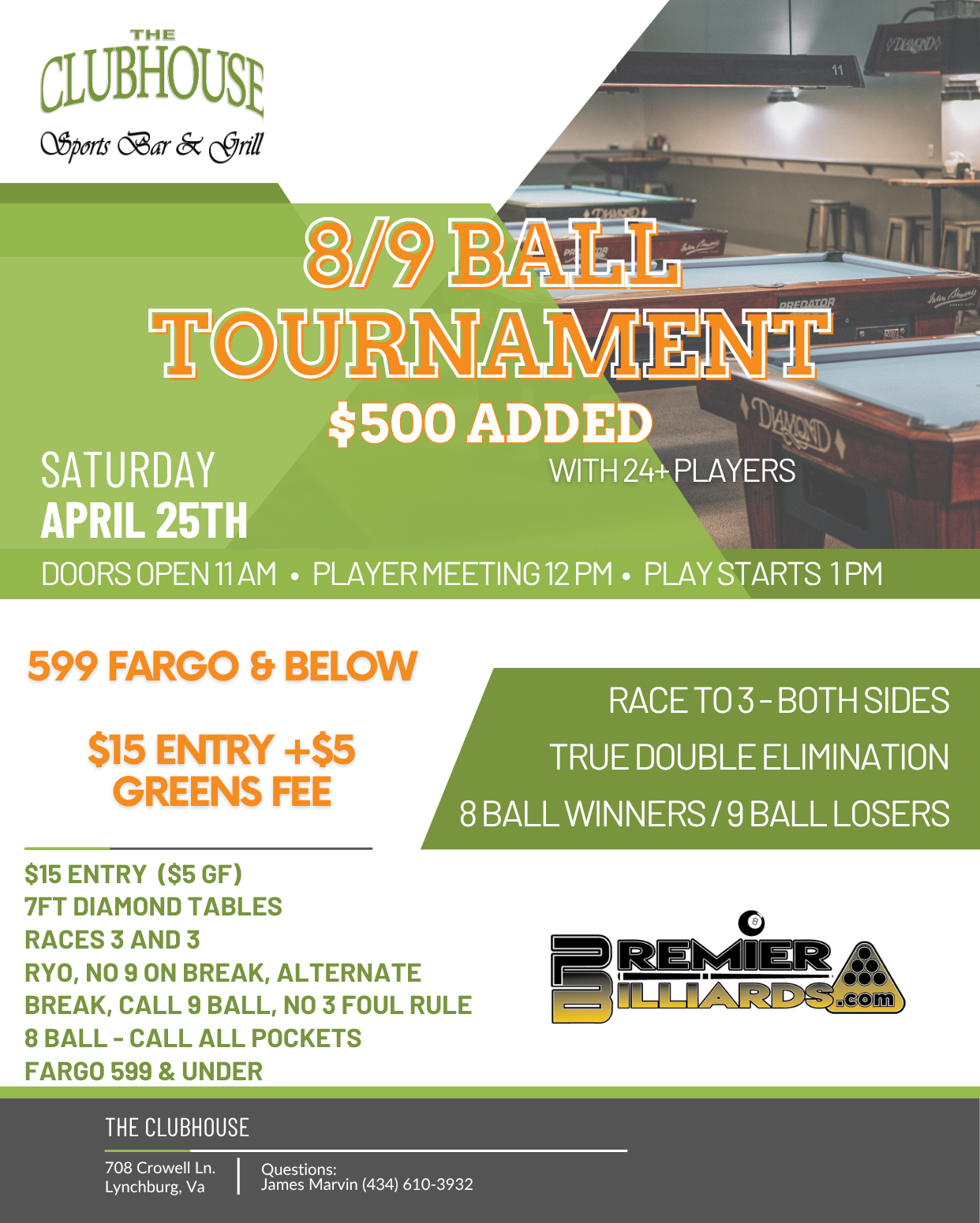 $500 Added 8/9-Ball Tournament