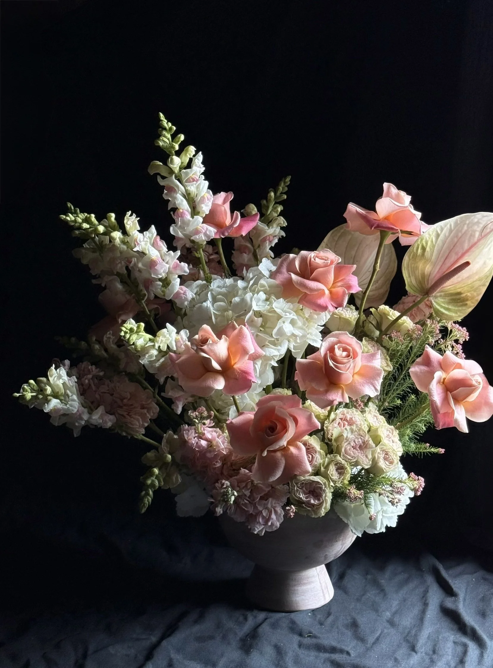 large luxury arrangement delivery sonoma county pinks and white anthurium roses hydrangea fluffy romantic flowers wedding