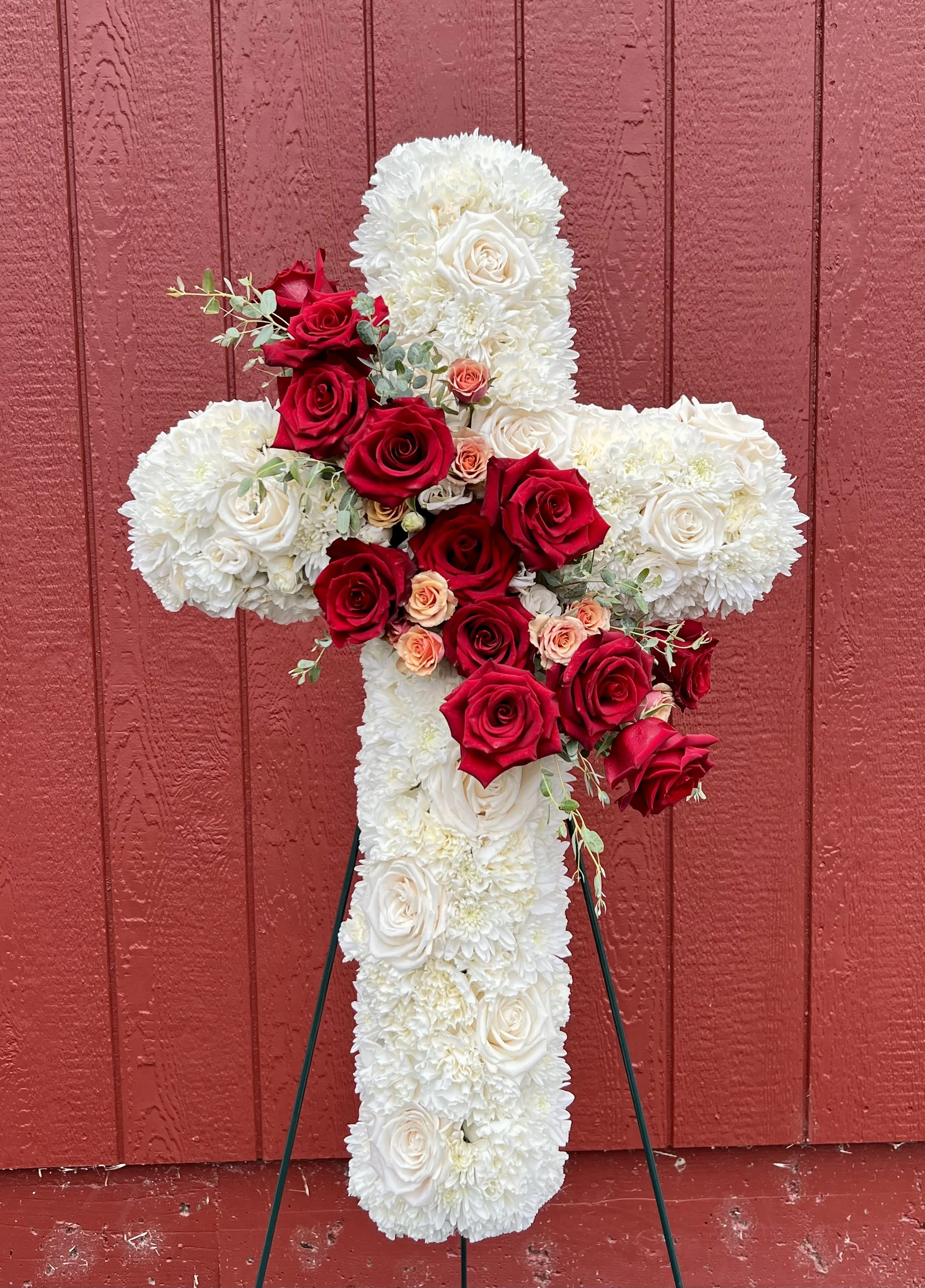 funeral cross spray flowers red and white, memorial flowers, unique sympathy flowers, order funeral flowers santa rosa california, memorial flowers for delivery in sonoma county, order flowers santa rosa, casket flowers, vase arrangements, 
