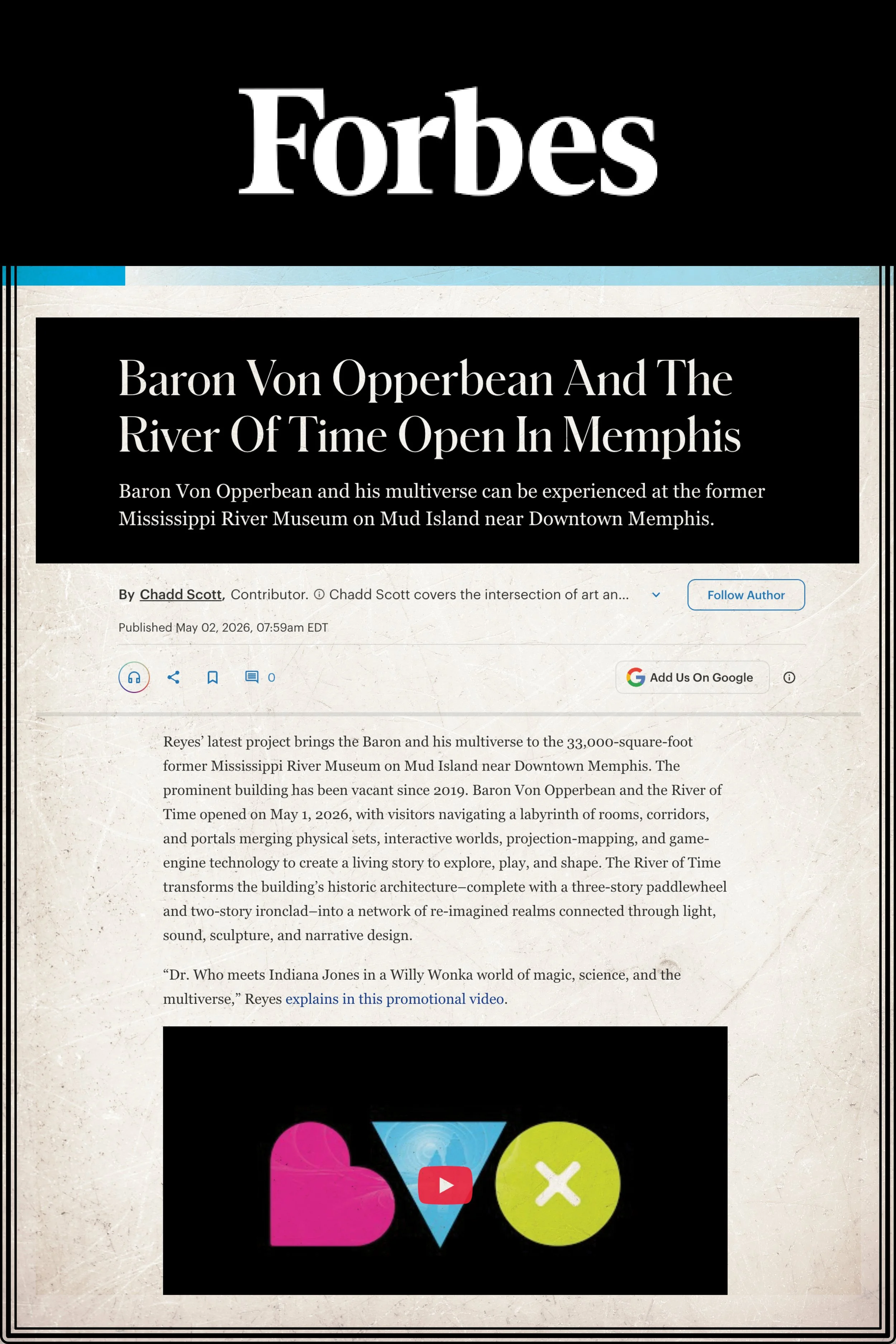 Forbes: Baron Von Opperbean And The River Of Time Opens In Memphis