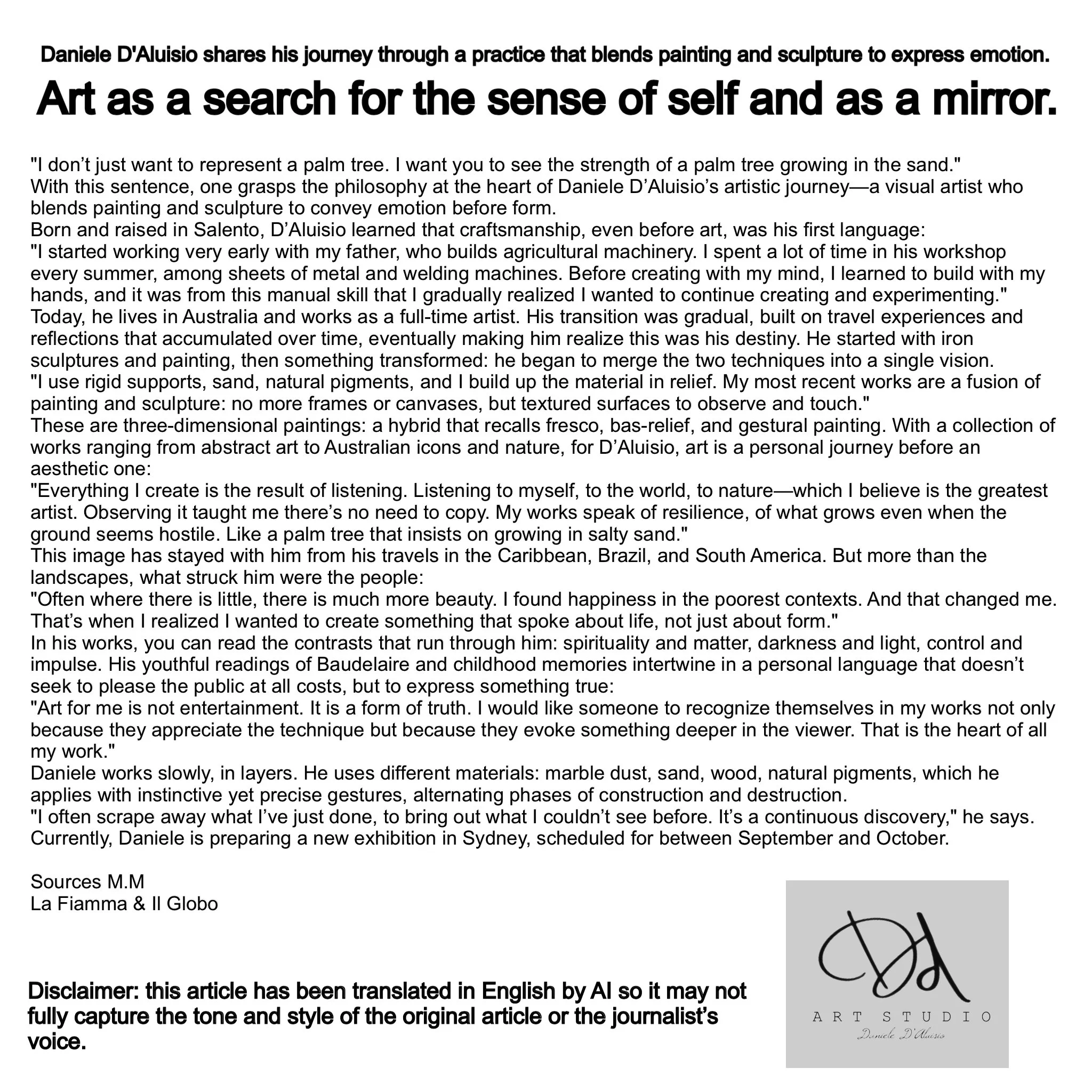 Article about artist Daniele D'Aluisio discussing his journey combining painting and sculpture to express emotion, inspired by his travels and childhood craftsmanship, highlighting his mixed media art, personal philosophy, and upcoming exhibition in Sydney.
