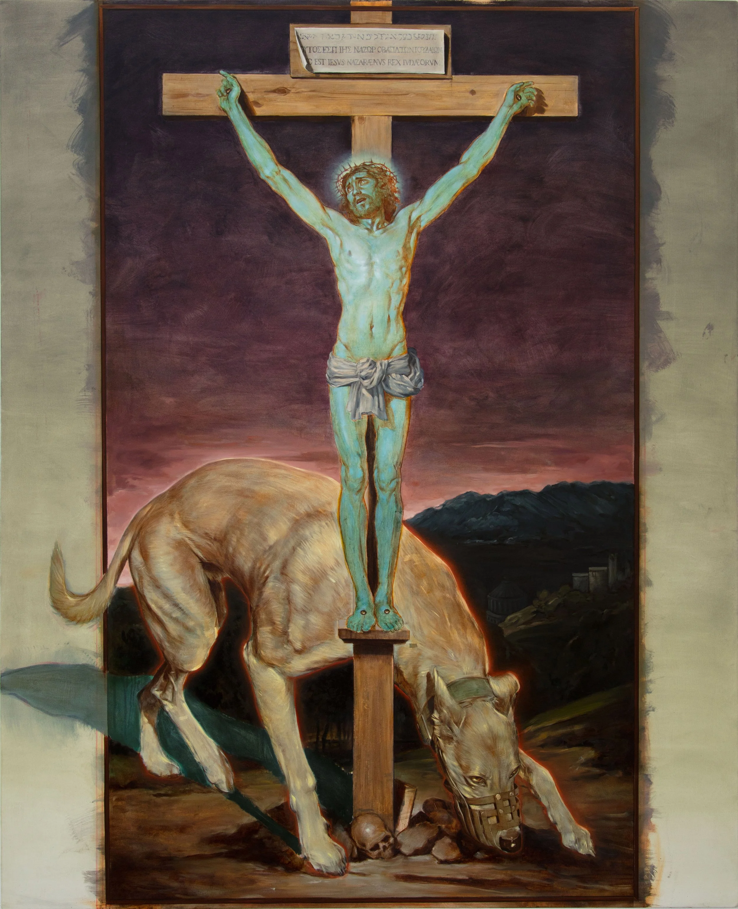 'Massive Dog at the Base of a Crucifixion', 2025, oil on canvas, 160x130cm