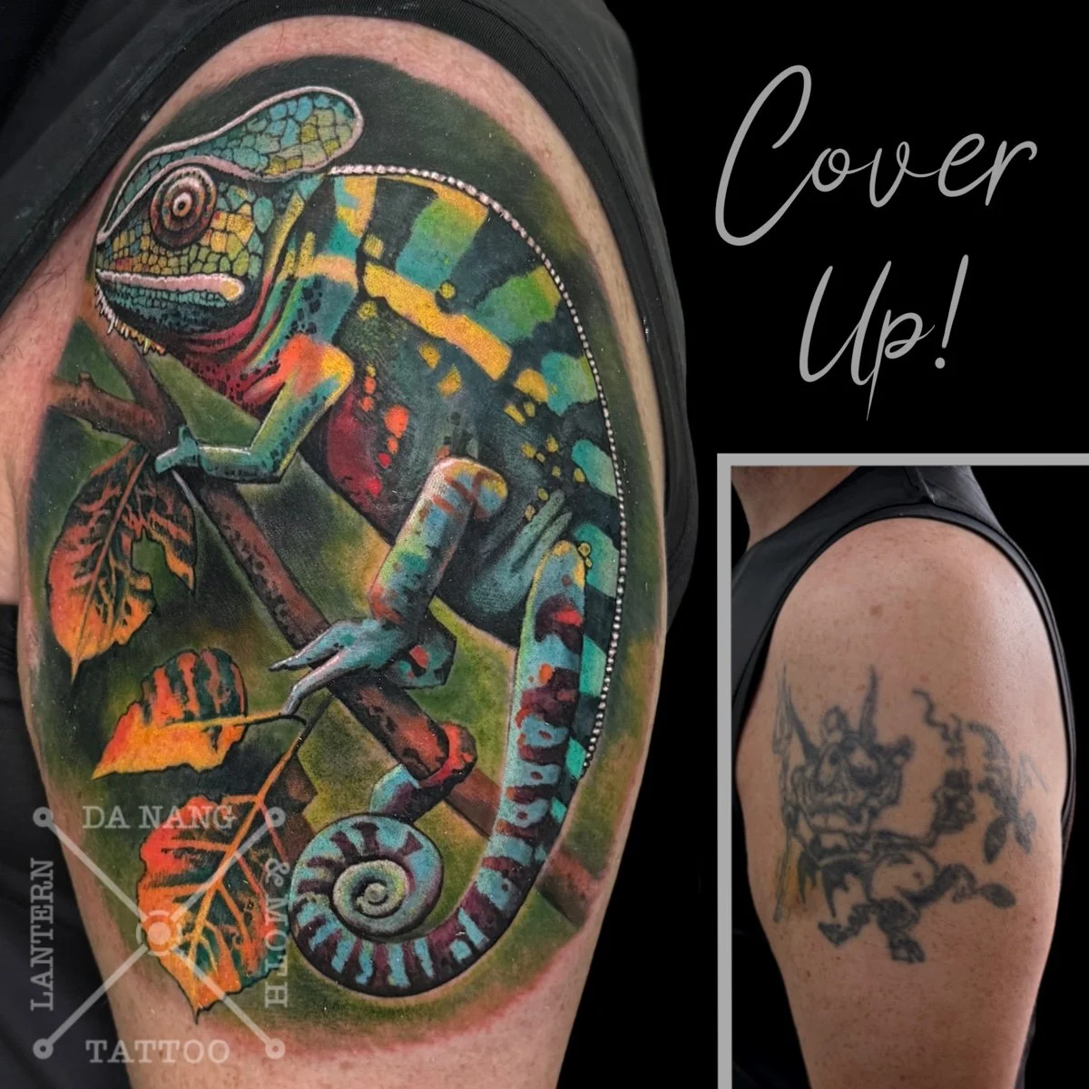 Cover up of an old tattoo using a detailed colour  Chameleon, Da Nang, Vietnam.