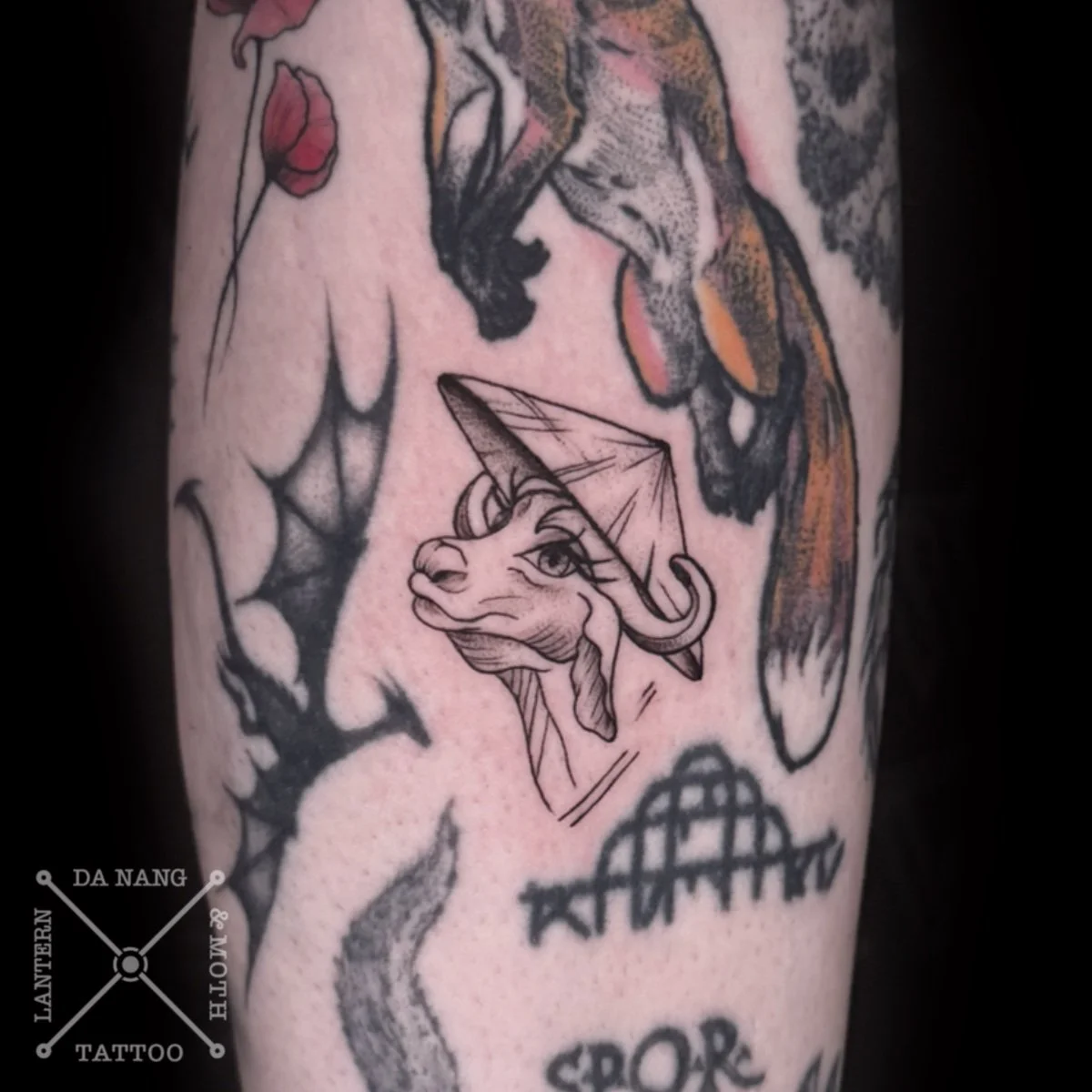 Vietnamese water buffalo tattoo made at Lantern and Moth tattoo Da Nang, Vietnam.