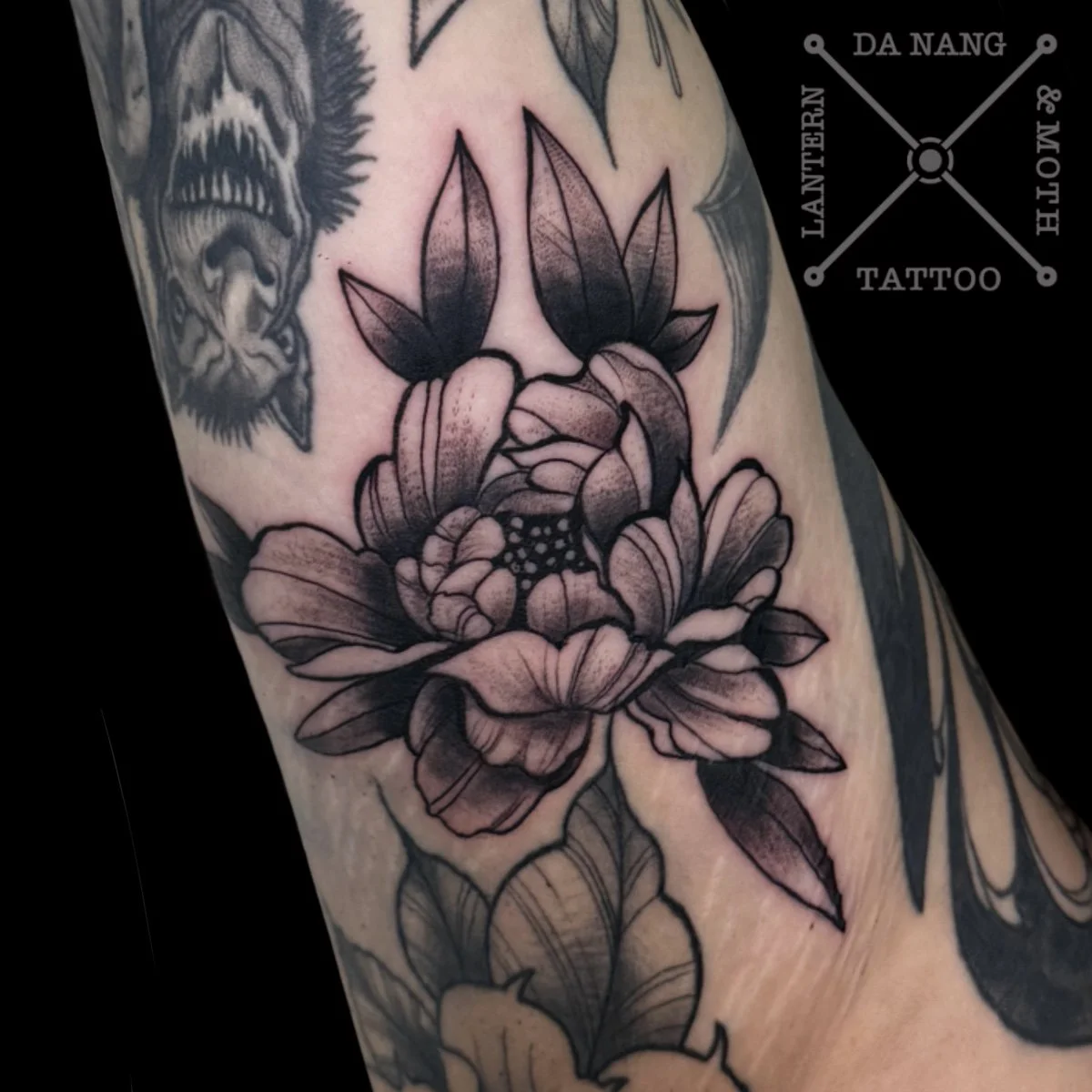 Black Neo Traditional Peonie by Lantern and Moth Tattoo, Da Nang, Vietnam.