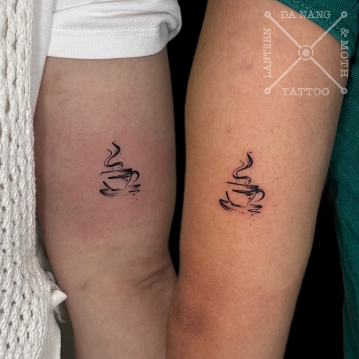 Matching Coffee Cup tattoos by Da Nang Tattoo artist at Lantern and Moth Tattoo Studio.