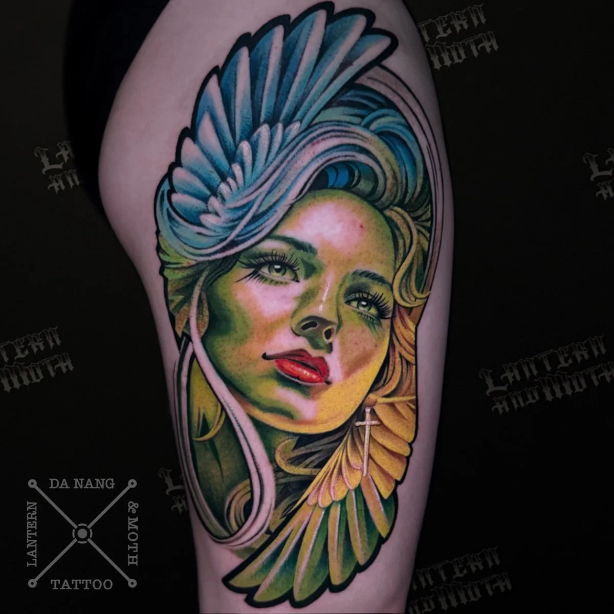 Full colour semi realistic face tattoo done at Lantern and Moth Tattoo, Da Nang, vietnam.