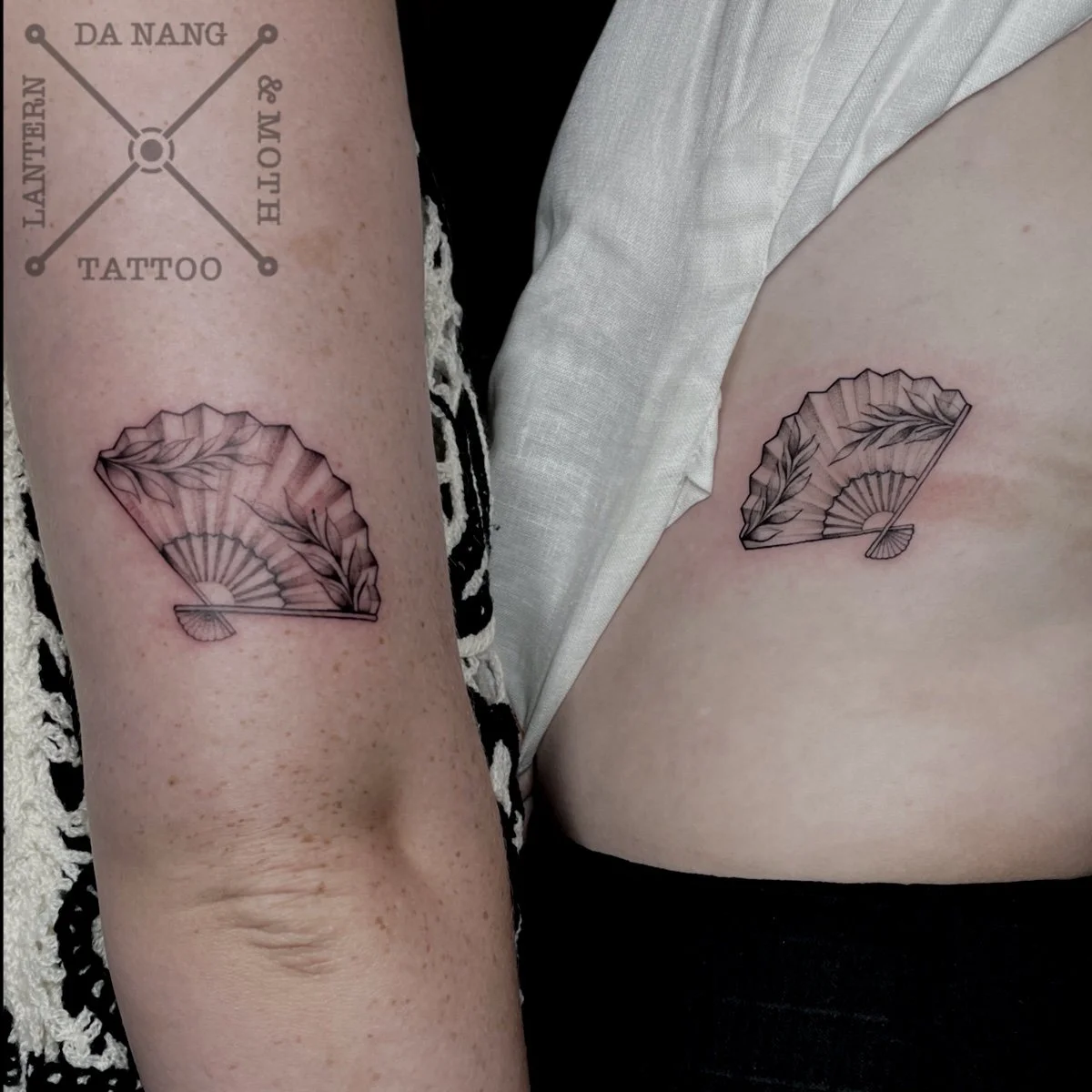 Matching Fineline fan tattoos by Da Nang Tattoo Artist at Lantern and Moth Tattoo studio.