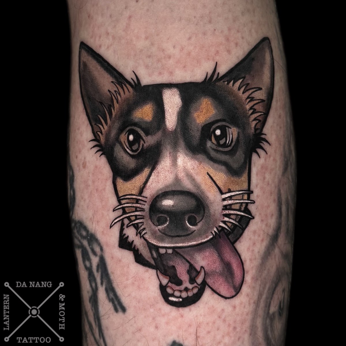 Classic style pet dog portrait tattoo by Lantern and Moth Da Nang, Vietnam