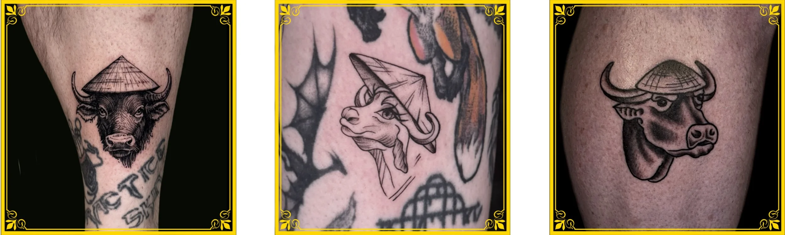 Water buffalo tattoos done in three different styles at Lantern and Moth Tattoo, Da Nang, Vietnam.