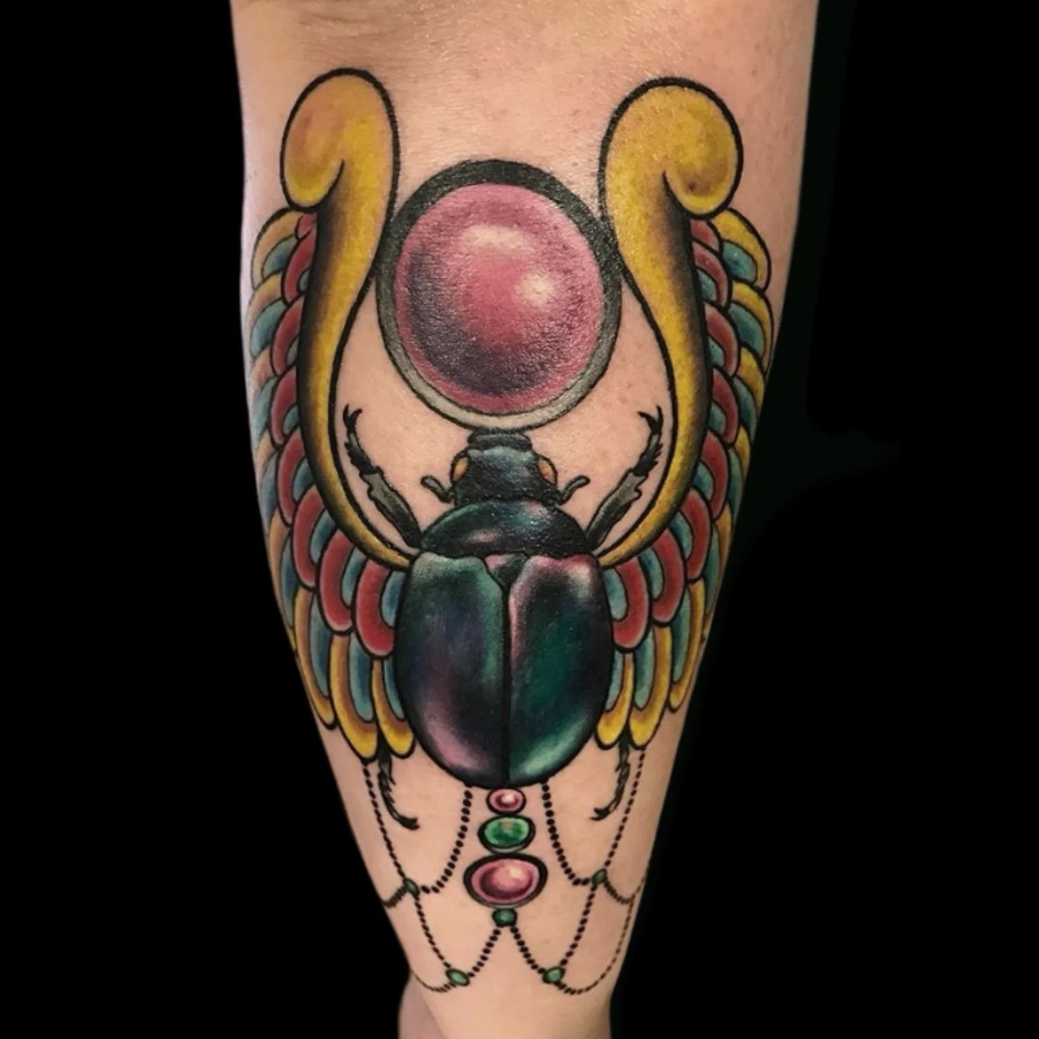 Full Colour Scarab Beetle tattoo by Australian tattoo artist Chris Bold from Lantern And Moth tattoo shop, Da Nang, Vietnam.