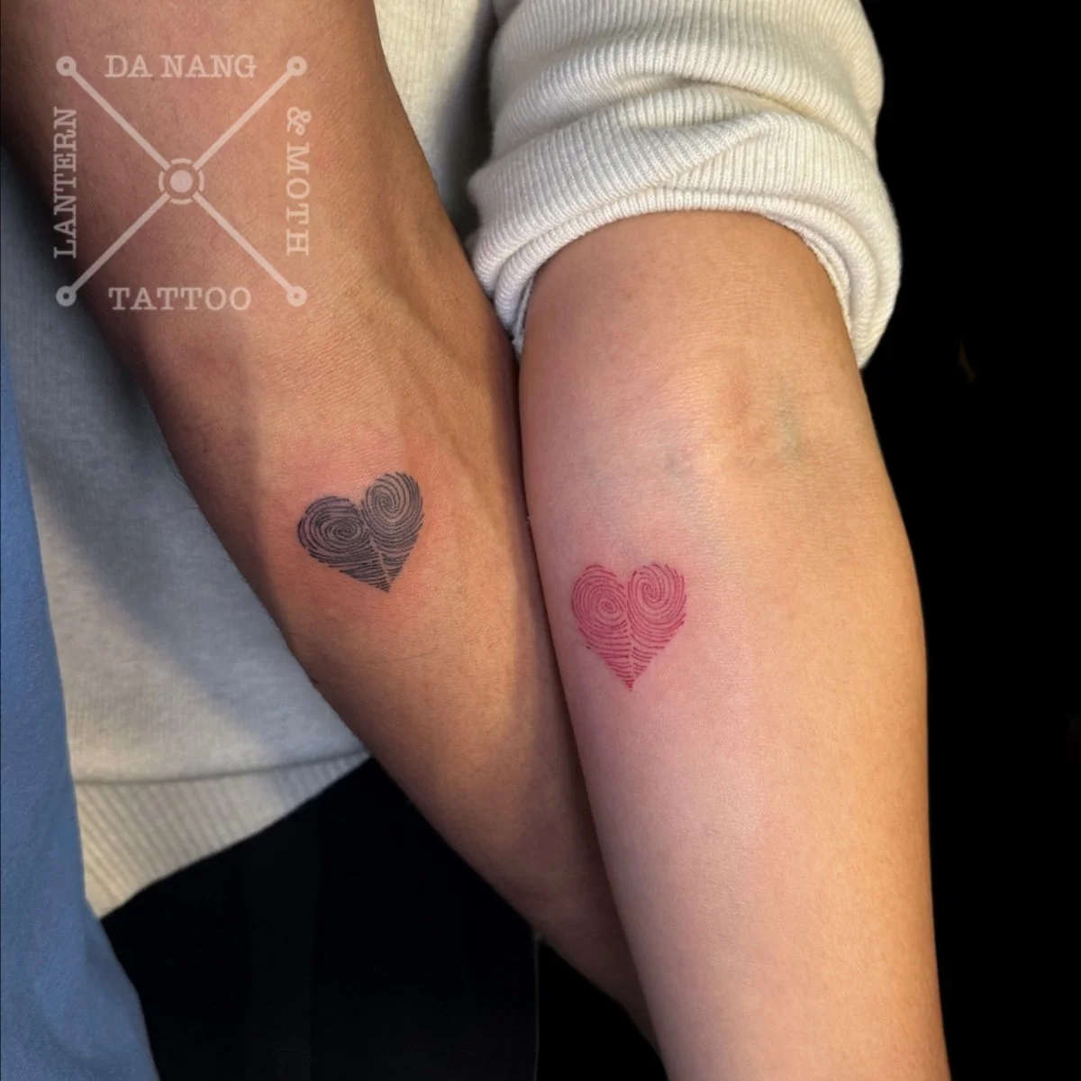 Delicate Finerprint Hearts Couples Tattoos by Da Nang Tattoo Artist, Vietnam.